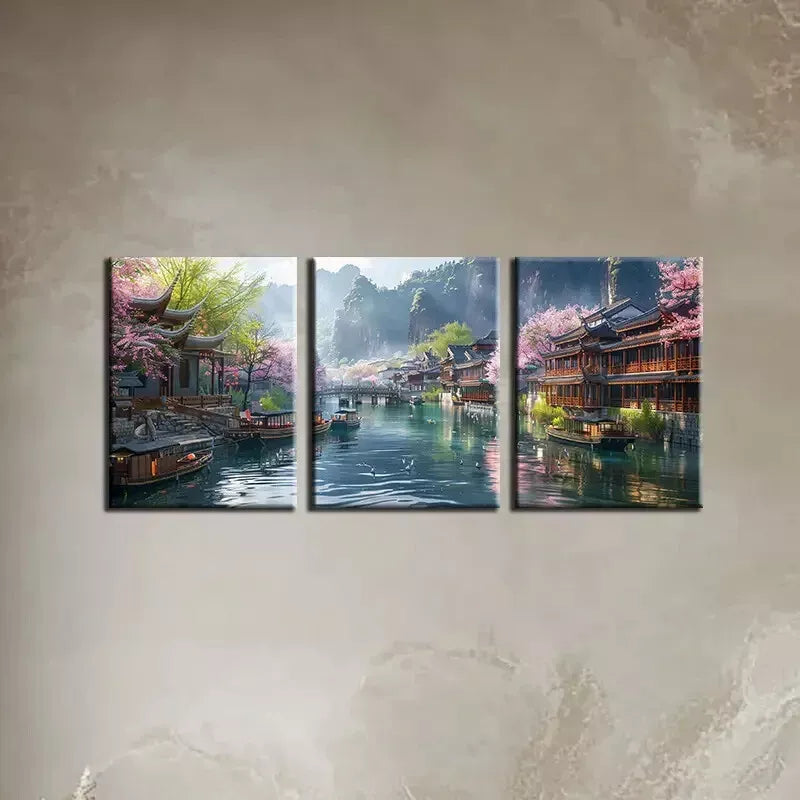 3-Piece Serene Japanese Town with Blooming Florals Canvas Art Set - 50x70cm Framed Wall Decor | High Quality Print | 100% Australian Made | Ready to Hang | Perfect for Living Room, Bedroom & Office Decor