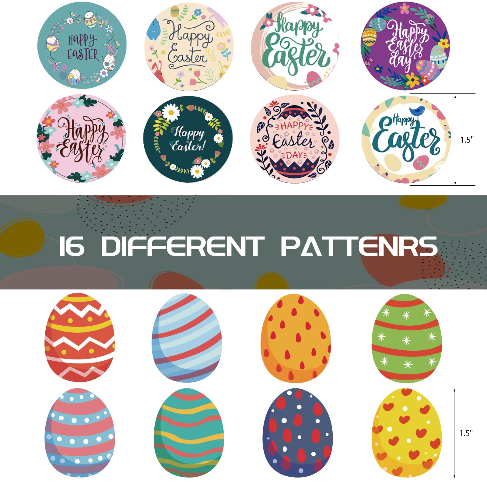 1000PCS Easter Stickers Bulk - 1.5 Inch Round Egg & Bunny Stickers with 16 Designs, Self-Adhesive Easter Decals for Kids, Cards, Envelopes, Gifts & Party Decorations - Perfect for Easter Crafts, Scrapbooking & Spring Celebrations