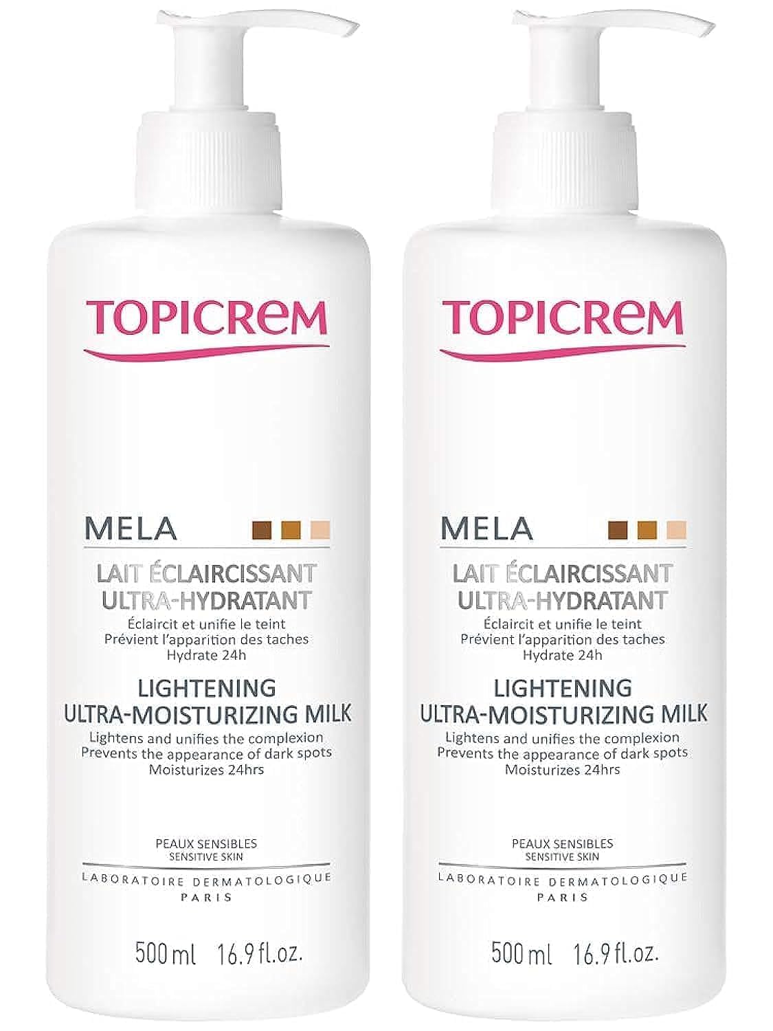 Topicrem MELA Lightening Ultra-Moisturizing Milk for Face & Body - 2 Pack (500ml Each) - Brightening, Hydrating & Even Skin Tone - Perfect for Daily Skincare Routine & Dark Spot Treatment