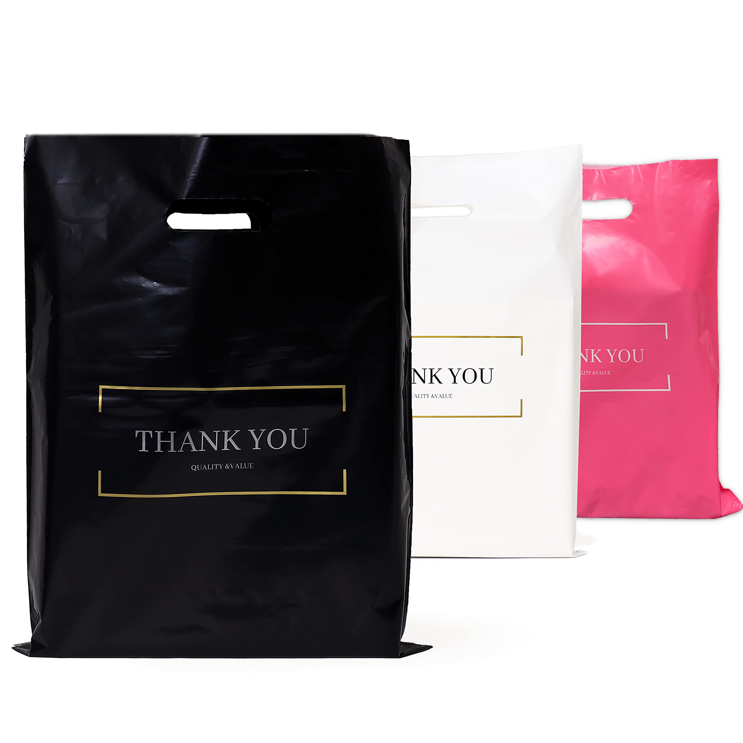 BISC Small Thank You Bags - 9x12 Inch Plastic Retail Bags (65 Pack) - Die Cut Shopping Bags for Boutiques, Stores & Parties - Perfect for Gifts, Favors & Small Purchases - Black