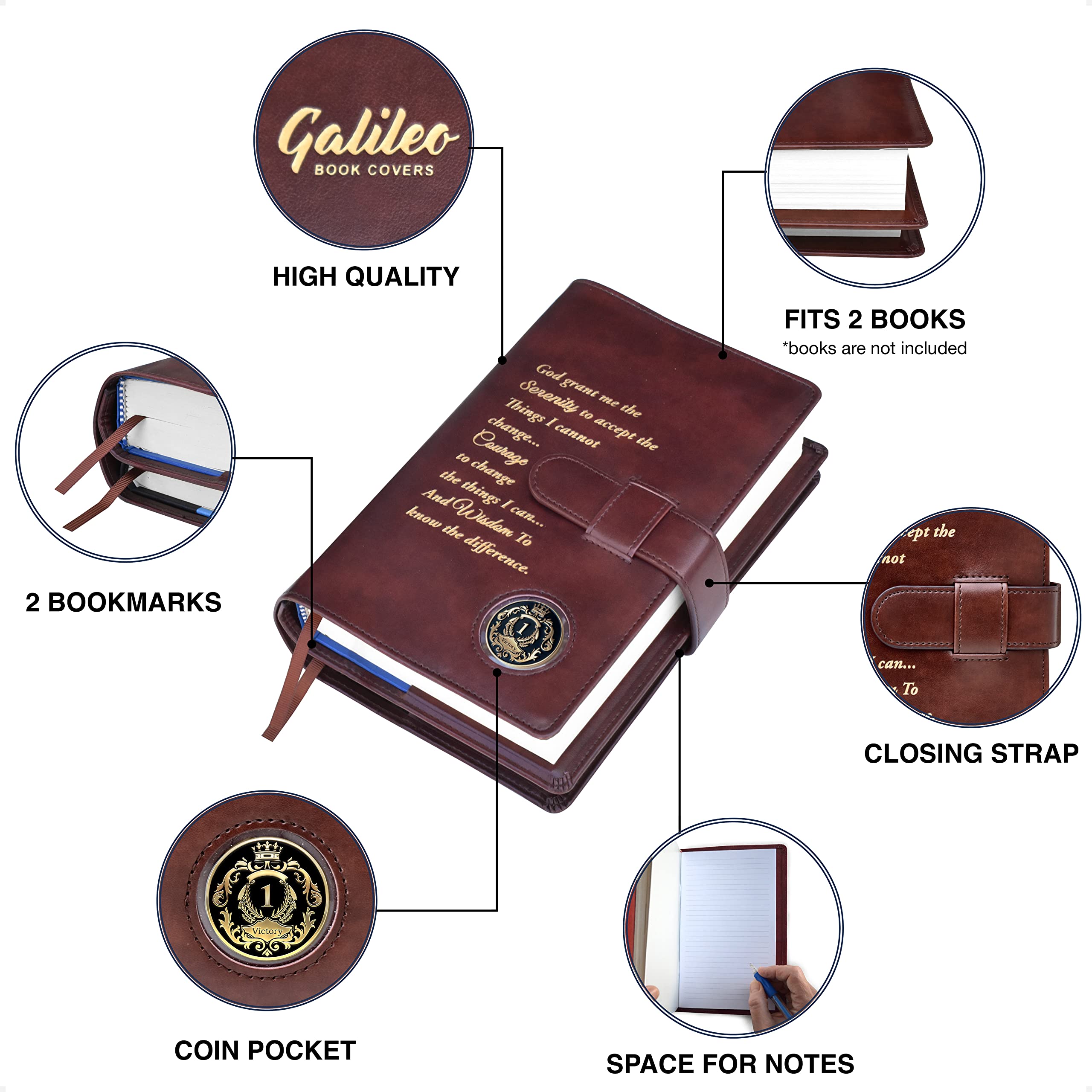 Galileo® Double AA Big Book Cover with 12 Steps & 12 Traditions - Alcoholics Anonymous Gift with Serenity Prayer & Coin Pocket (Brown) - Perfect for AA Meetings, Recovery Milestones, and Spiritual Support
