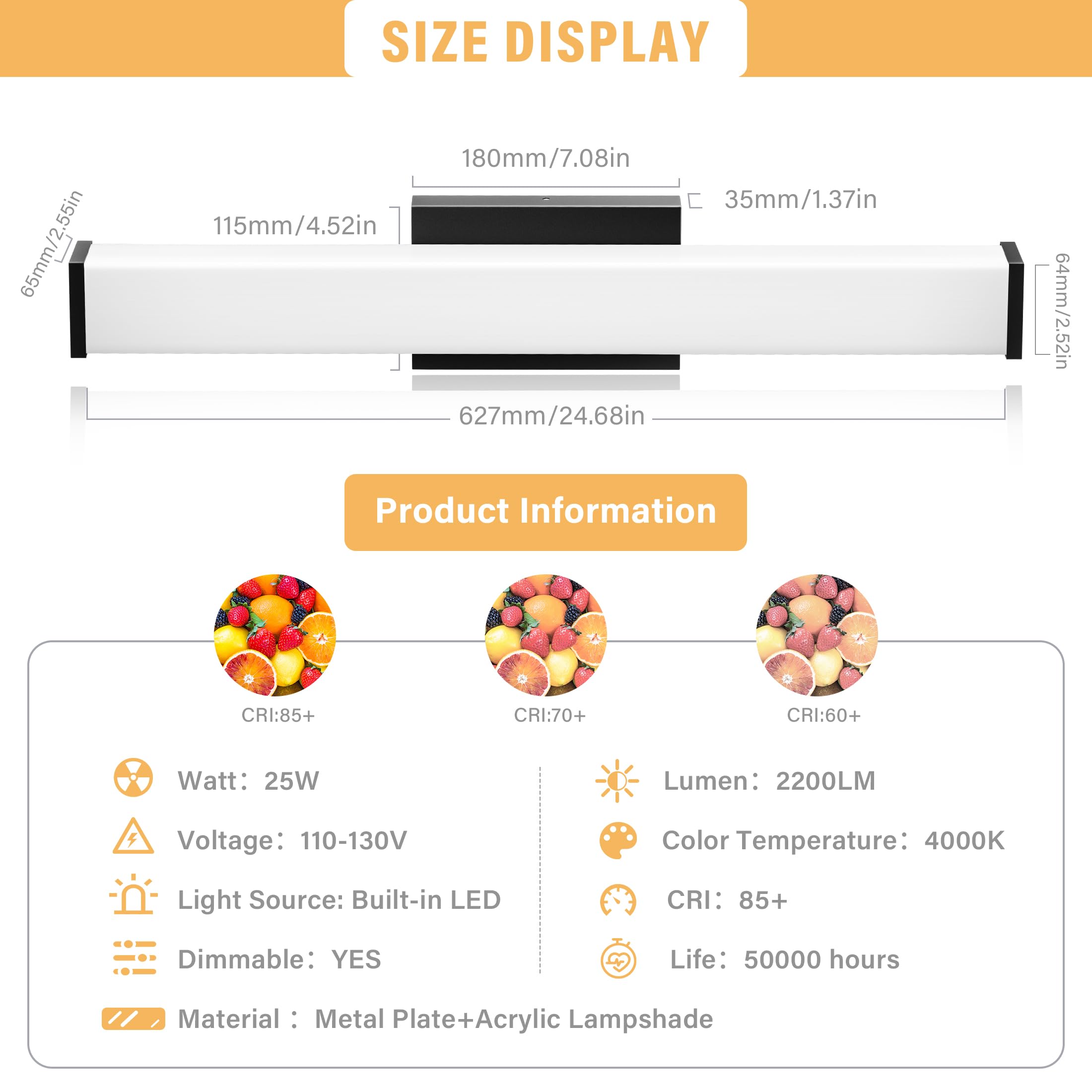 NOVELUX 24-inch LED Vanity Light - 25W 2200LM Dimmable Bathroom Mirror Light Fixture, 4000K Natural White, Energy Efficient & Easy Installation (1 Pack) - Perfect for Bathroom, Dressing Room & Makeup Area Lighting