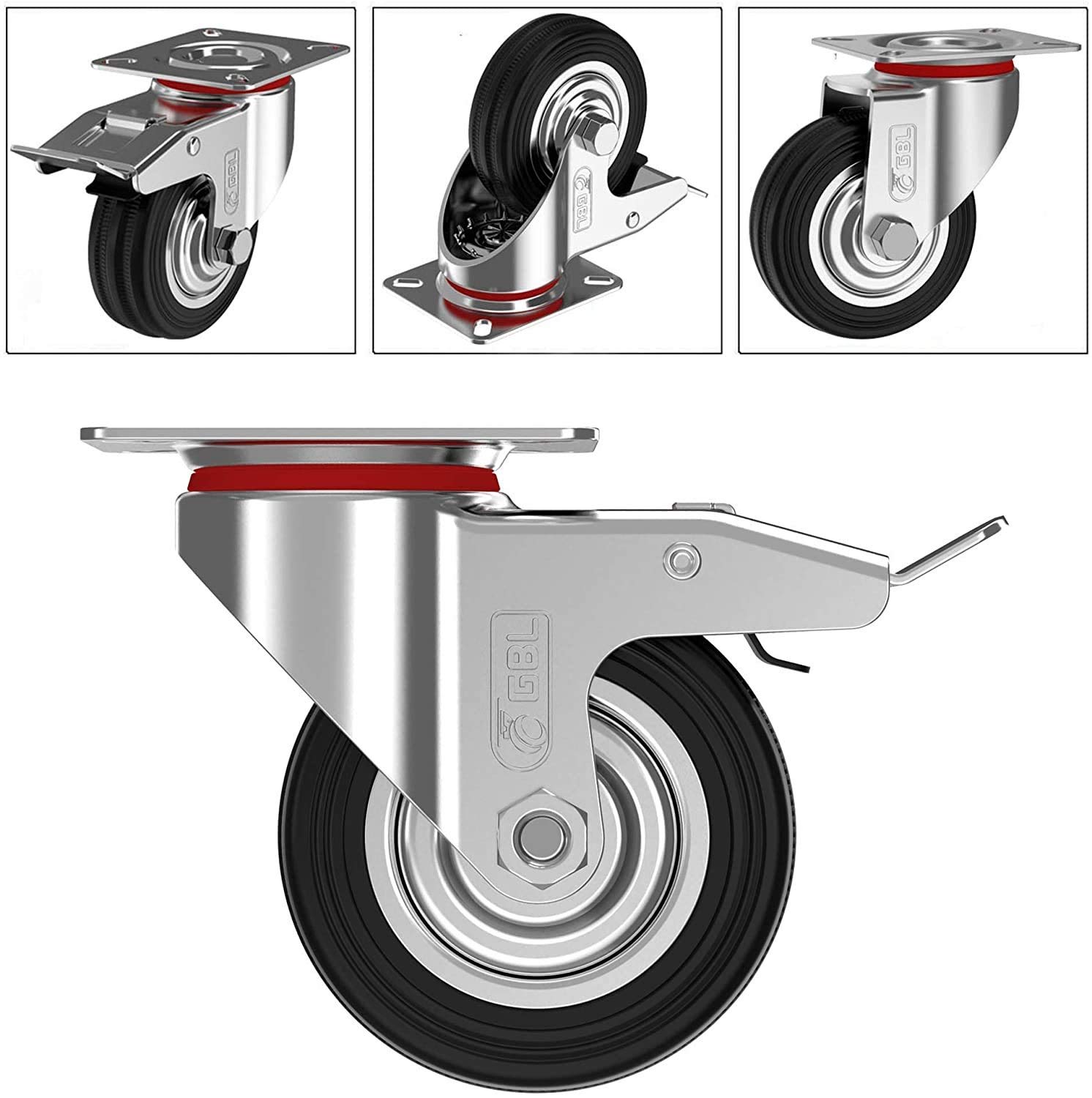 GBL 3'' Heavy Duty Caster Wheels with 2 Brakes & Screws - 440Lbs Capacity - Set of 4 Silent Rubber Furniture Casters - No Floor Marks - Silver Trolley Wheels for Workbenches, Cabinets, and Industrial Equipment