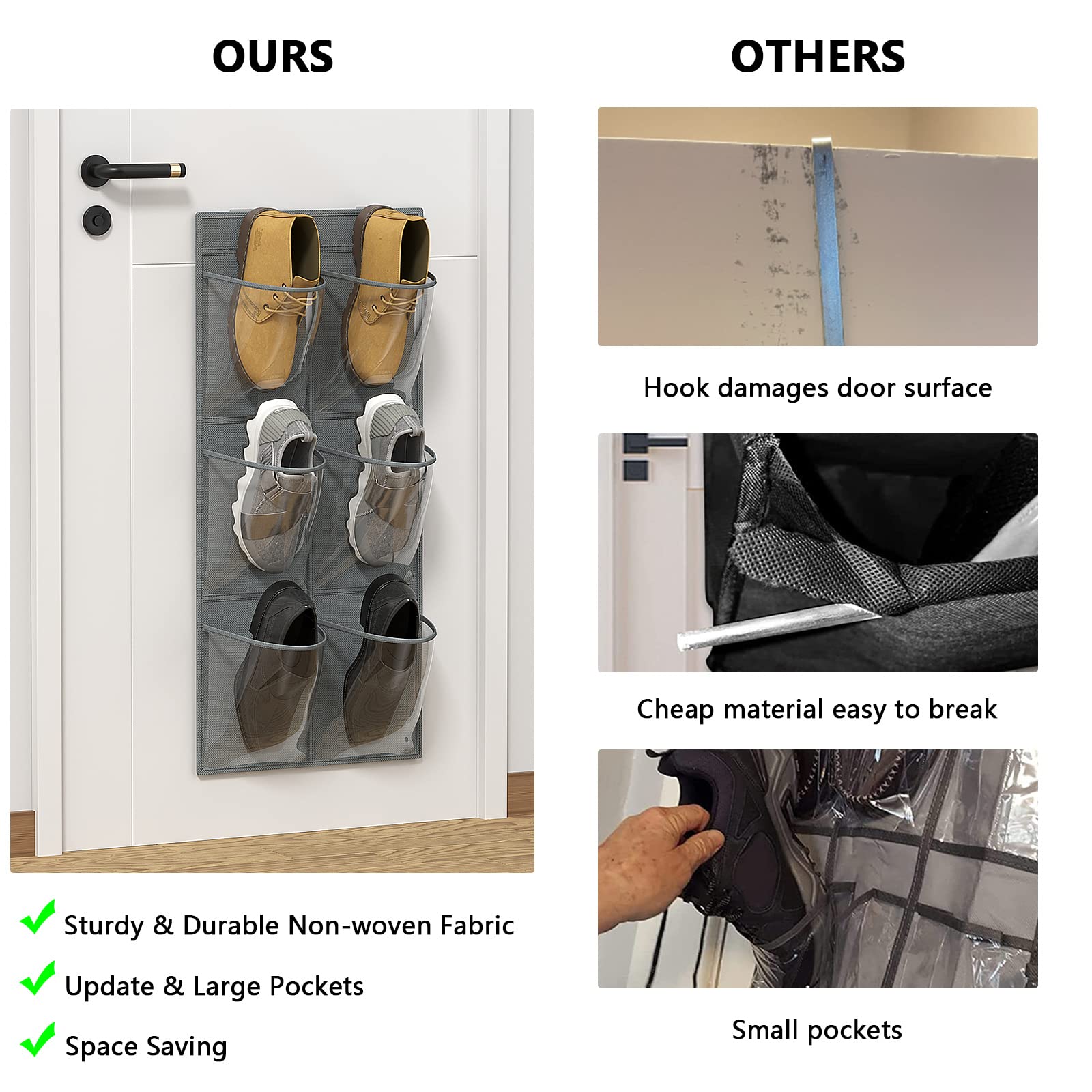 2-Pack Clear Over The Door Shoe Organizer - 12-Pocket Hanging Shoe Rack for Closet with Adhesive Strips, No Drill Wall Mount Shoe Storage for RV, Camper, Dorm & Small Spaces - Space Saving Shoe Organizer for Sneakers, Flats & Heels