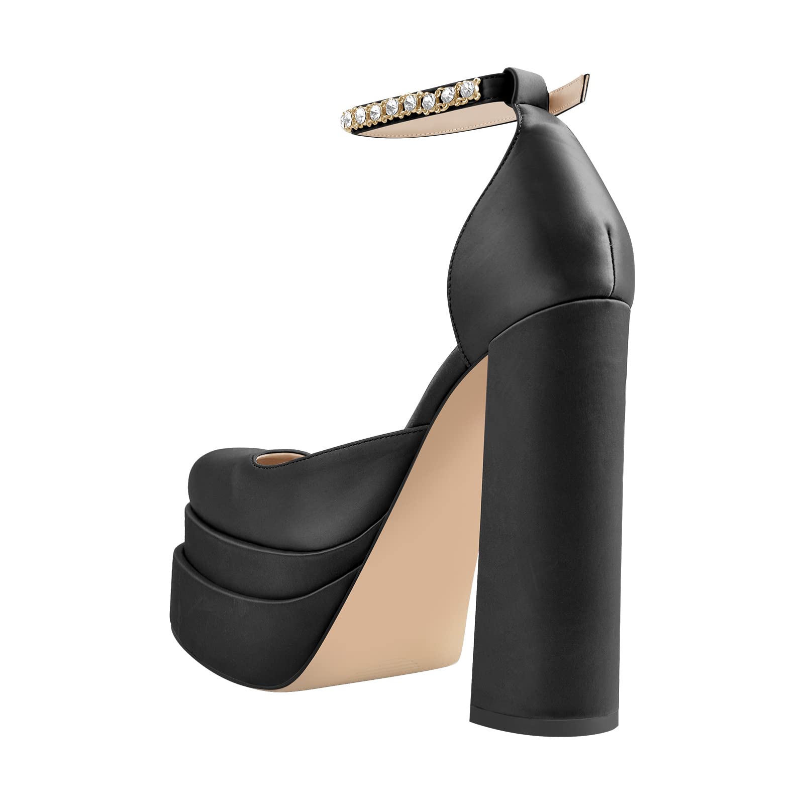 Women's Chunky Heel Platform Pumps - Square Toe Rhinestone Ankle Strap Satin Dress Shoes for Party, Wedding & Evening Events