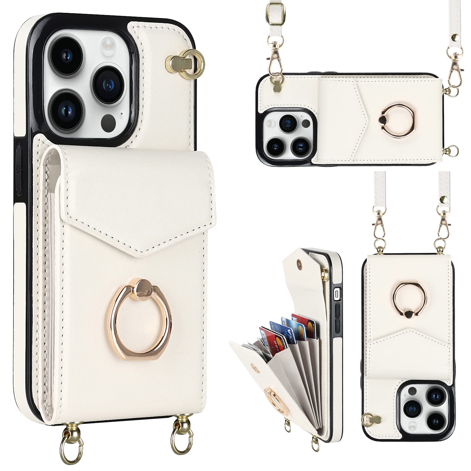 Premium Slim Wallet Case for iPhone 13 Pro Max (6.7 inch) - Shockproof Protective Cover with Ring Kickstand & Adjustable Shoulder Strap | Minimalist Design for Everyday Use, Travel, and Hands-Free Convenience (White)