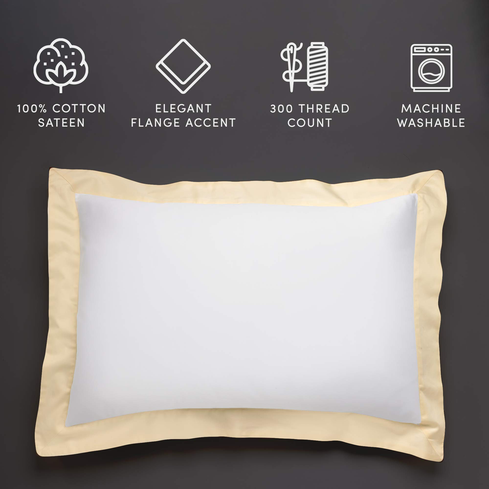 Luxury Champagne Pillow Shams Set of 2 - 300 Thread Count Cotton Sateen Pillowcases - White with Champagne Flange - Queen Size 21