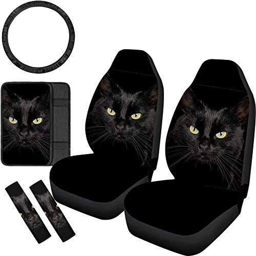 Universal 6-Piece Black Cat Car Seat Cover Set - Front Seat Covers, Steering Wheel Pad, Armrest Cushion & Seat Belt Shoulder Pads for Women | Cute Pet-Themed Car Accessories for Daily Commute & Road Trips