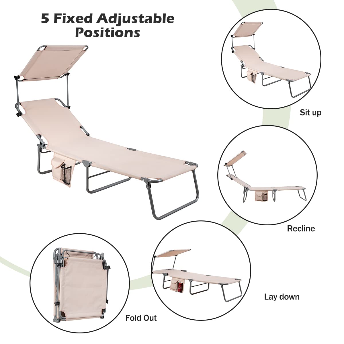 Giantex Adjustable Tanning Chair with Canopy & Storage - 5-Position Reclining Patio Chaise Lounge - Portable Folding Beach Chair for Poolside, Lawn, Camping & Outdoor Sunbathing (Beige, 2-Pack) - Perfect for Backyard Relaxation, Beach Vacations & Summer Lounging