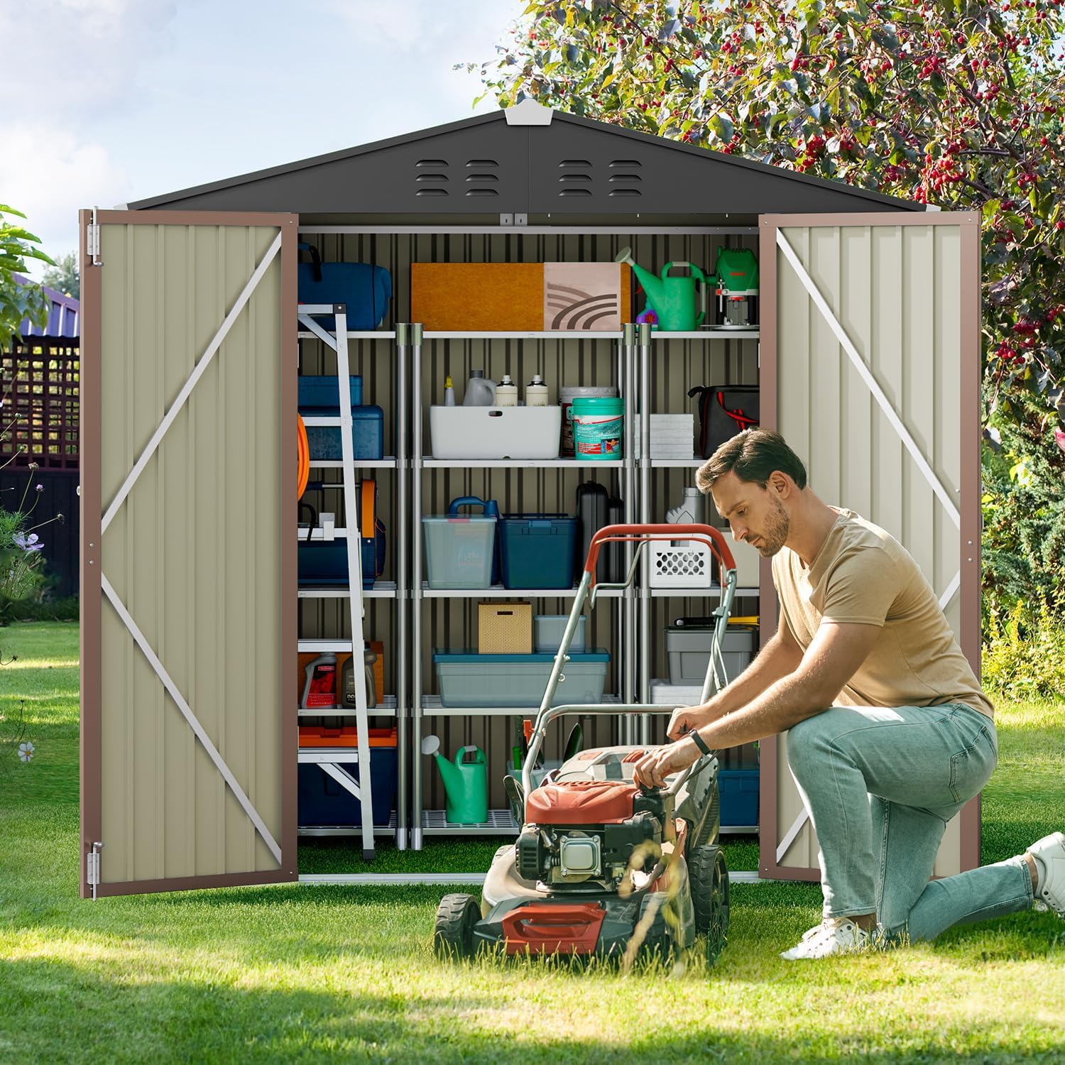 Gizoon 6x4 FT Galvanized Metal Outdoor Storage Shed - Double Lockable Doors, Weather-Resistant Garden Shed for Backyard, Patio & Lawn (Light Brown) - Perfect for Storing Tools, Equipment & Seasonal Items