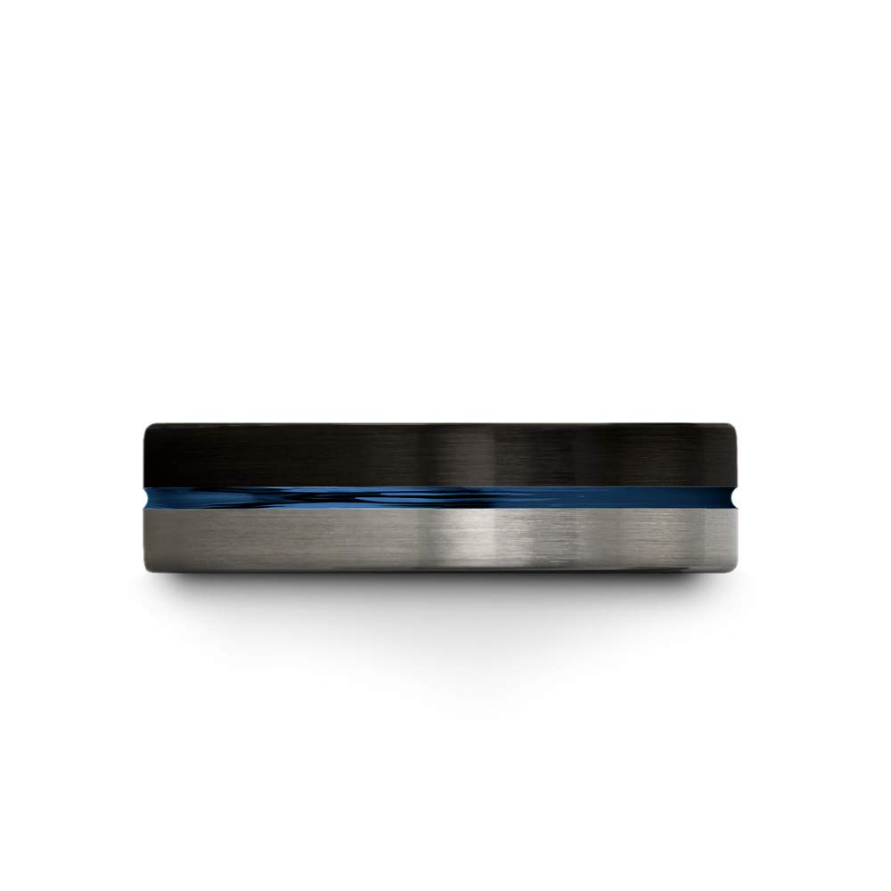 Tungsten Carbide Wedding Band Ring 6mm - Blue Black Center Line Flat Cut for Men & Women - Half Brushed Polished Finish - Custom Engraved for Anniversary & Engagement - Perfect for Everyday Wear & Special Occasions