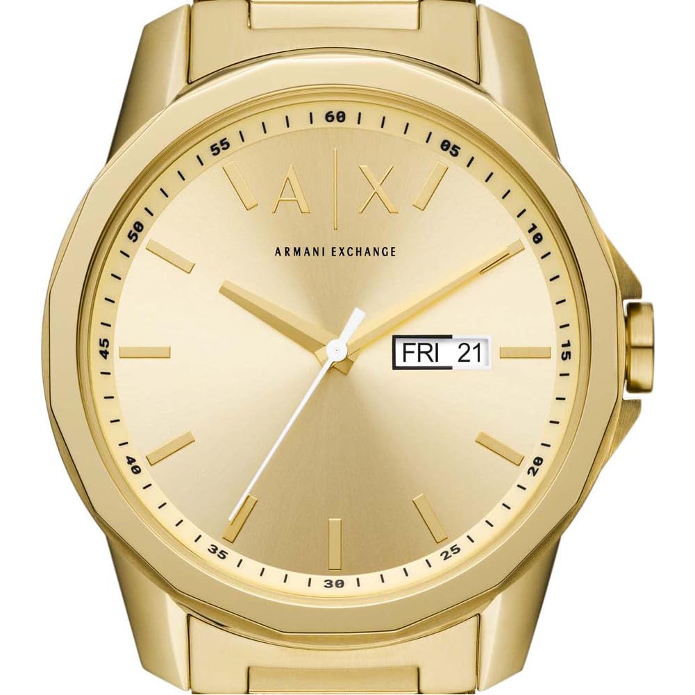 Armani Exchange Men's Watch AX1734 - 44MM Gold Recycled Stainless Steel Case (50% Recycled), Stainless Steel Band, Three-Hand Movement | Perfect for Business, Casual Wear & Gift Giving