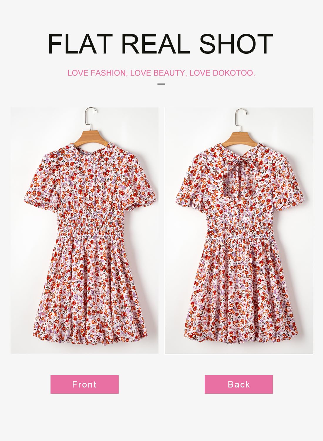 Dokotoo Women's Boho Floral Mini Dress - Crewneck, Puff Sleeve, Tie Back, Smocked Empire Waist - Perfect for Beach Vacations, Summer Outings & Boho Chic Style