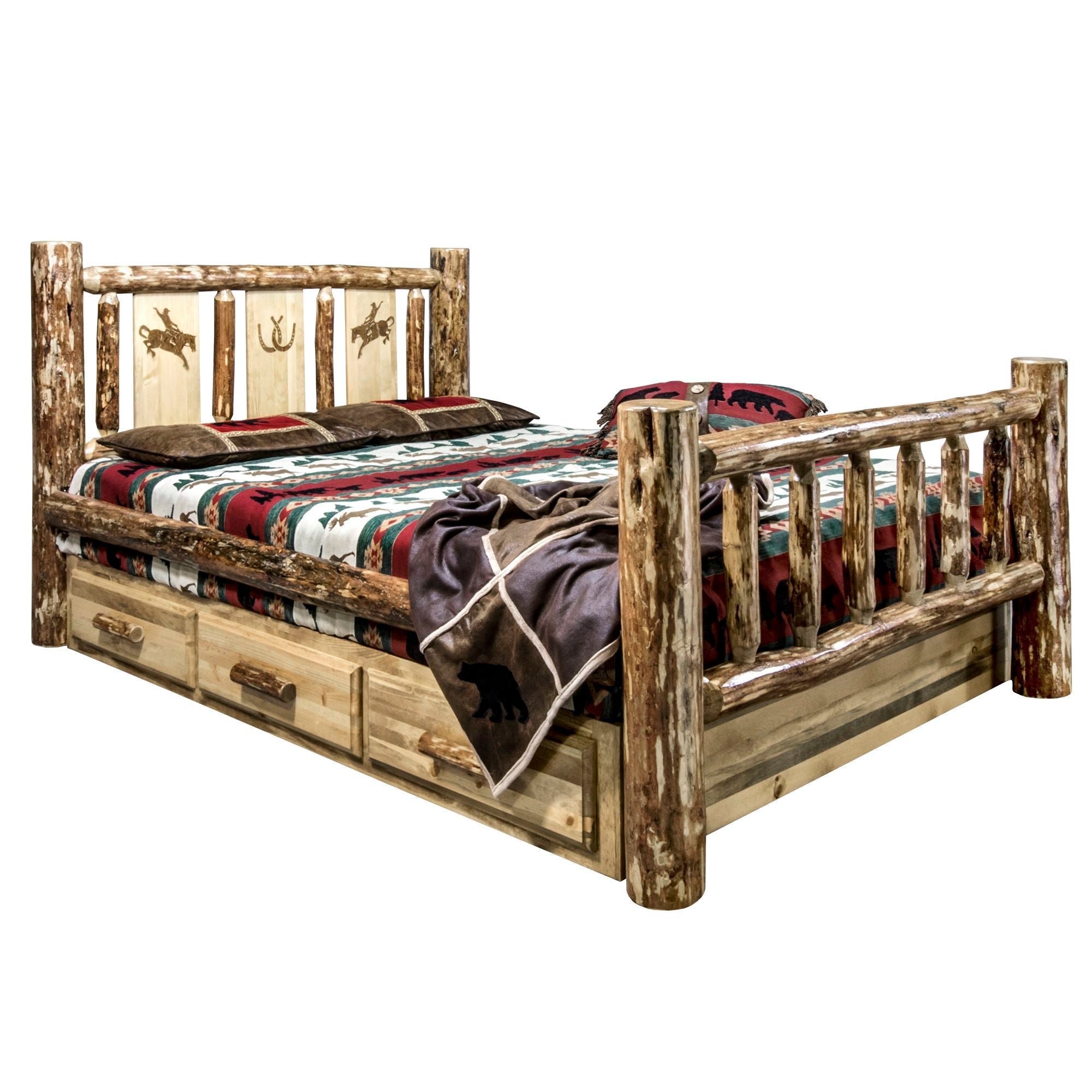 Glacier Country Storage Bed with Laser Engraved Design - Queen Size Wooden Platform Bed Frame with Underbed Storage Drawers - Perfect for Small Bedrooms, Guest Rooms & Dorm Rooms