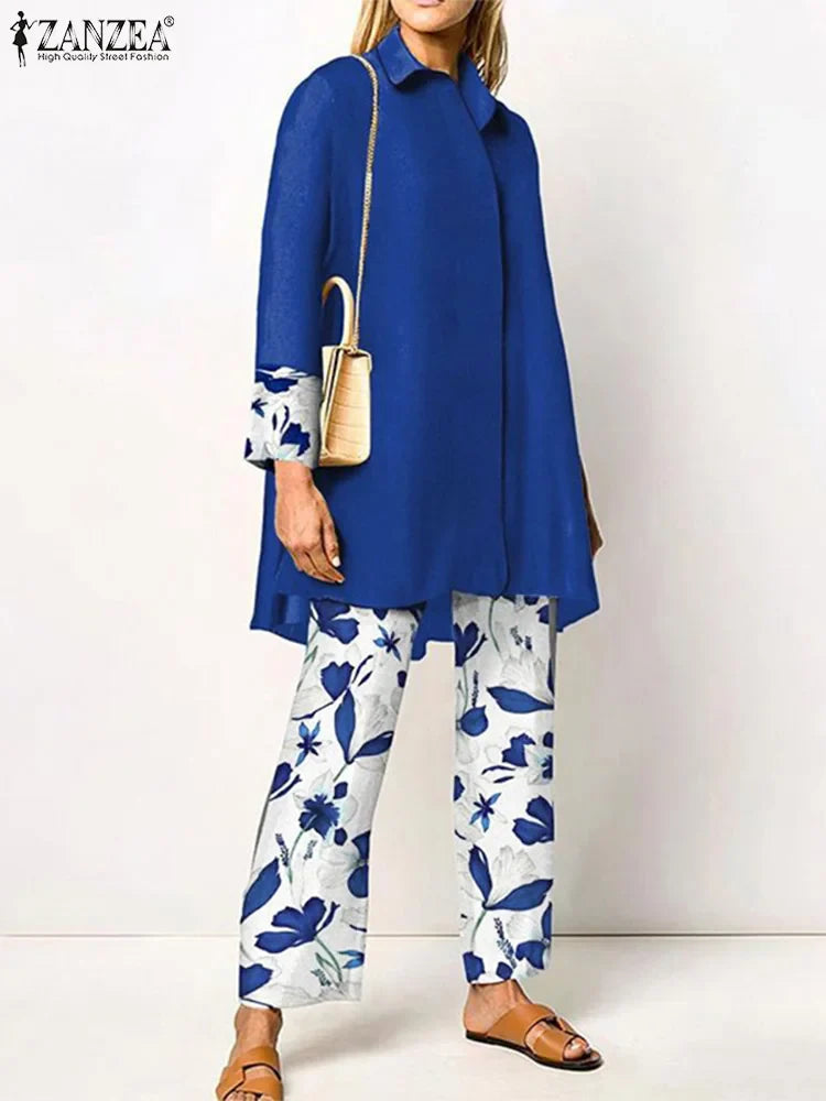 ZANZEA Women's Retro Printed 2-Piece Pant Set - Long Sleeve Lapel Shirt & Elegant Trousers Outfit | 2023 Fashion Tracksuit for Holiday & Casual Wear