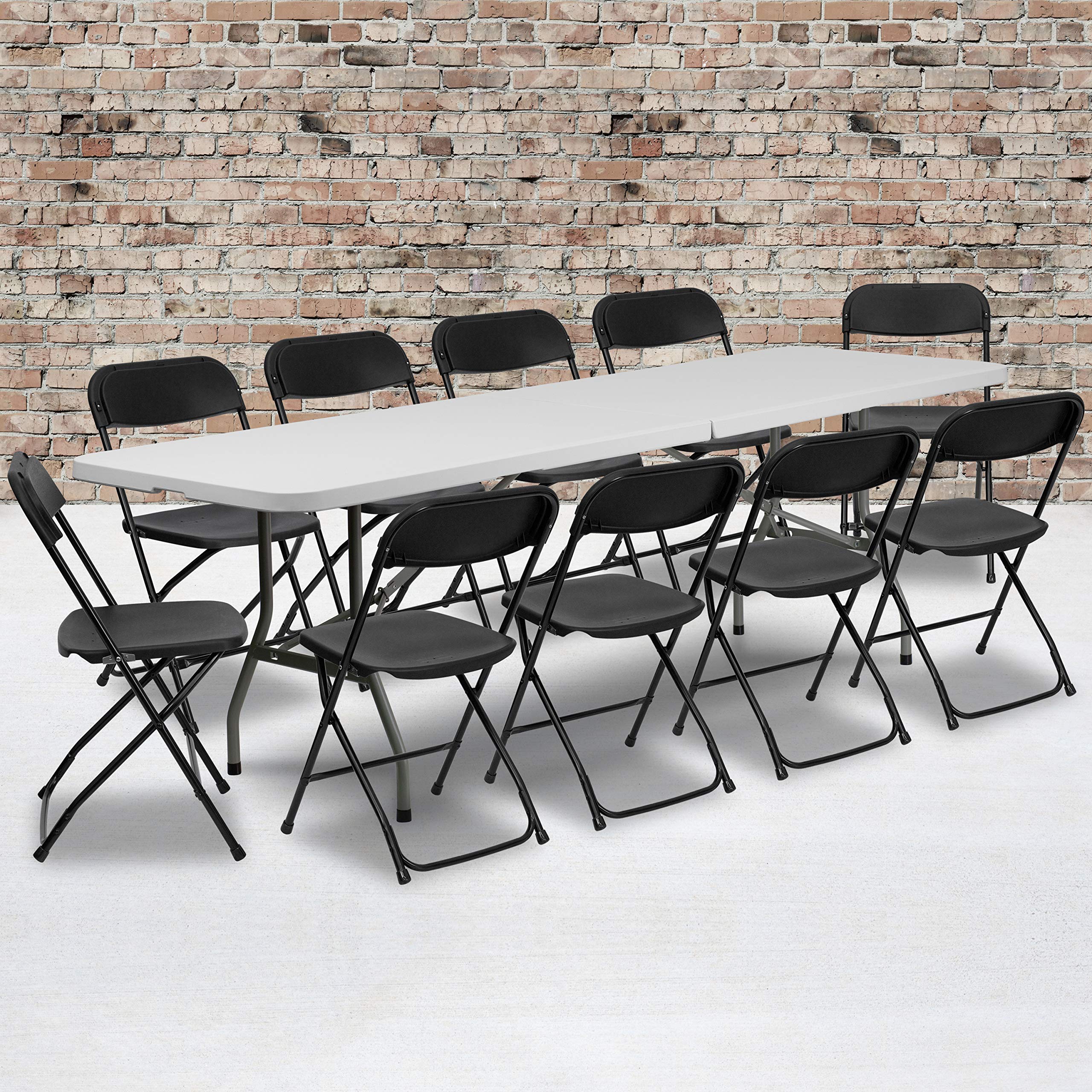 EMMA + OLIVER 8-Foot Bi-Fold White Plastic Folding Table Set with 10 Chairs - Perfect for Events, Training, Banquets & Home Use