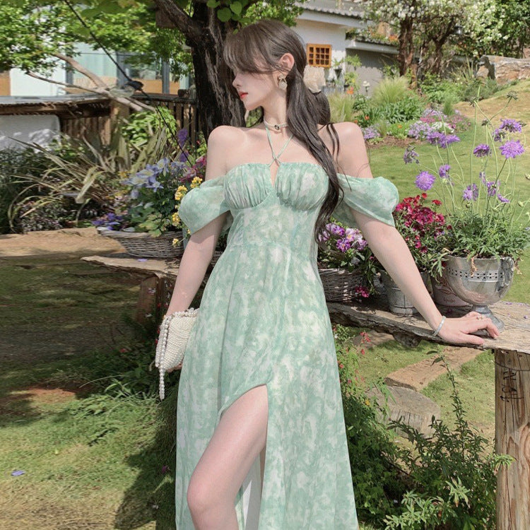 Floral Spaghetti Strap Slit Women's Summer Dress 2023 - Halter Neck Long Maxi Dress for Beach, Vacation & Party Wear | Style 382