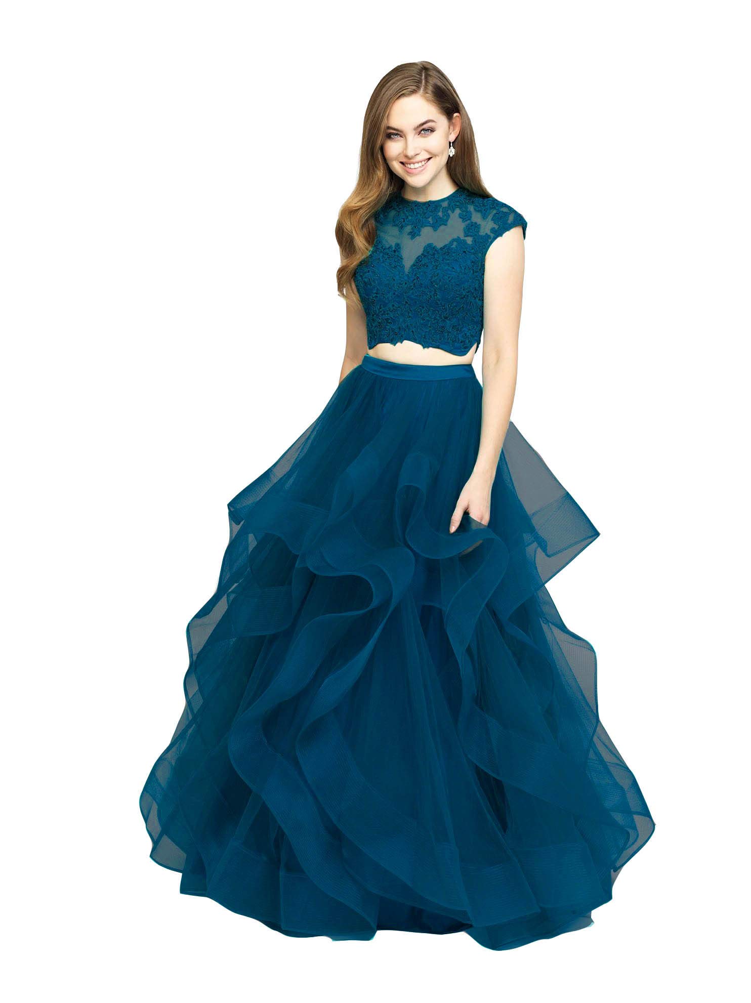 Emanni Women's Elegant 2-Piece Prom Dress with Lace Applique - Quinceanera Ball Gown with Layered Ruffle Organza Skirt - Sweet 16 Formal Dress in Sea Blue | Perfect for Prom, Homecoming, Quinceañera & Special Occasions