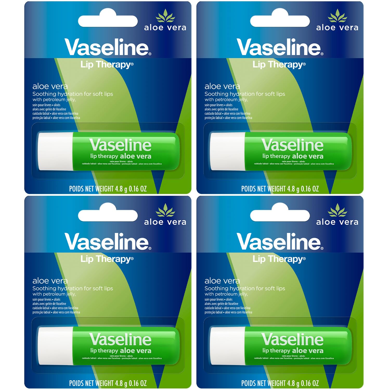 Vaseline Lip Therapy Aloe Fresh Lip Balm - Fast-Acting Moisturizer for Dry, Chapped & Cracked Lips - 4 Pack (0.16 Oz Each) - Perfect for Winter Care, Daily Hydration & On-The-Go Lip Protection