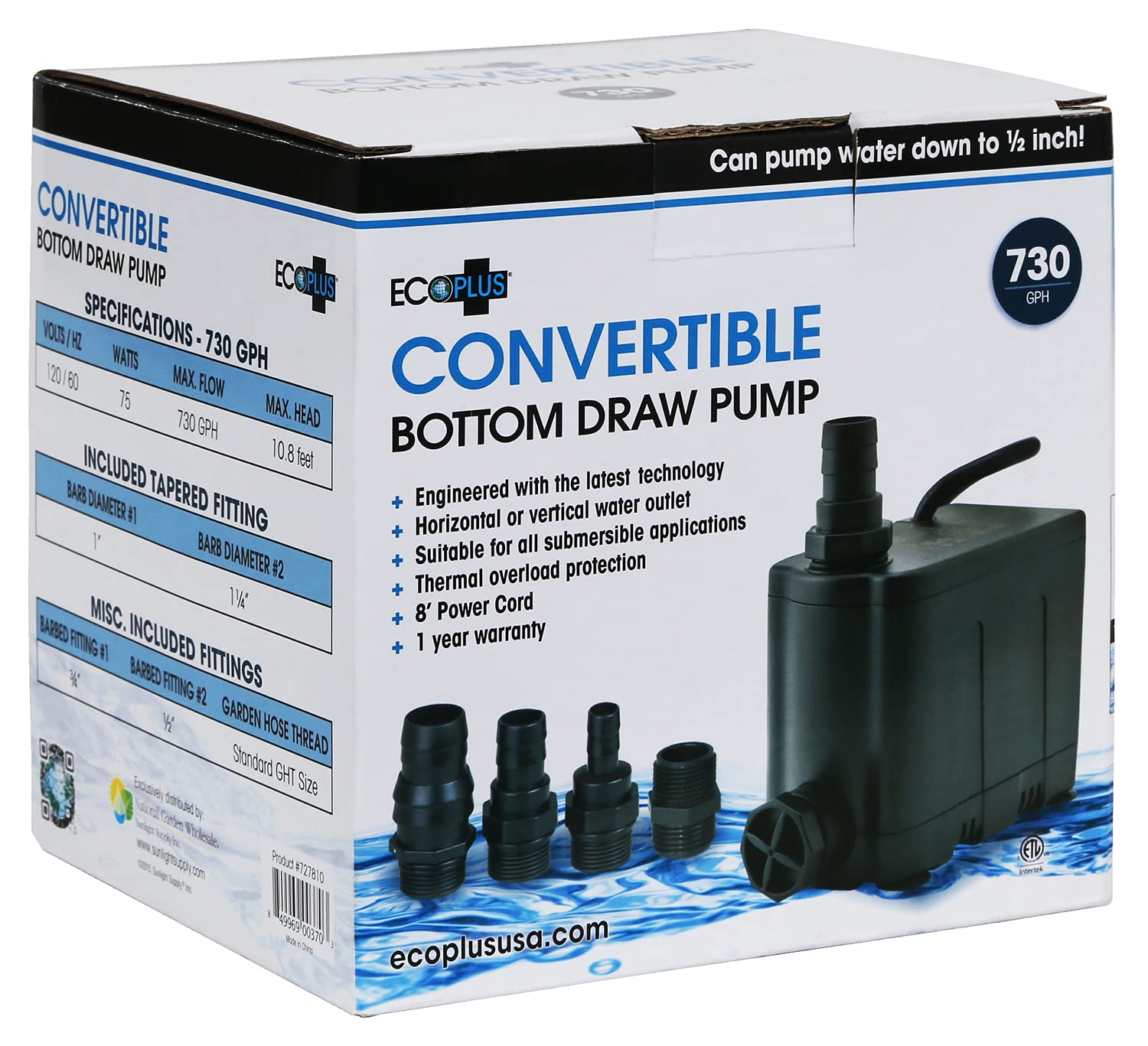 EcoPlus 730 GPH Convertible Bottom Draw Water Pump - Submersible Hydroponic Pump for Aquariums, Fountains & Indoor Gardening | Perfect for Hydroponic Systems, Fish Tanks & Water Features