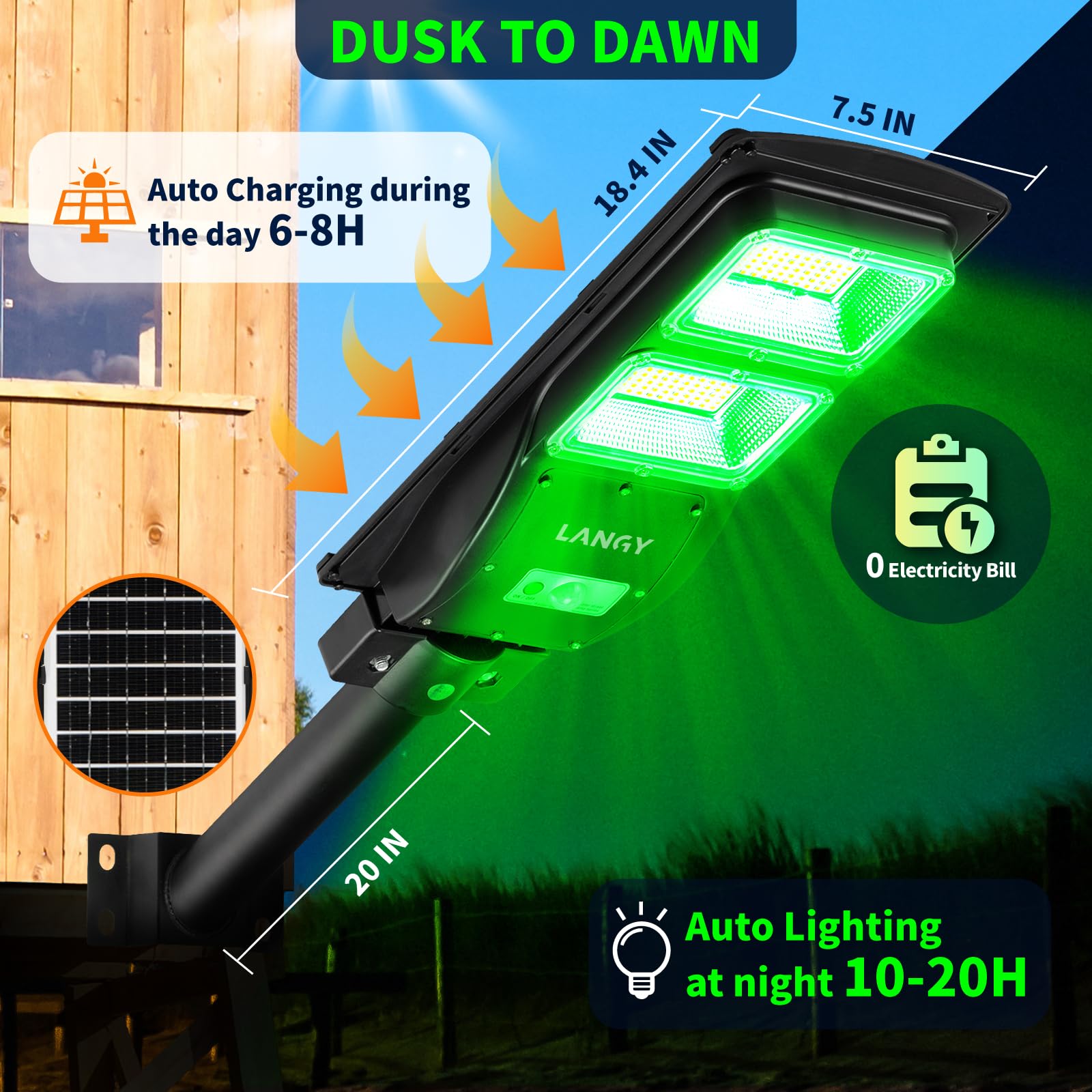 2 Pack LANGY Solar-Powered Green Hunting Lights - 12000LM Motion Activated Hog & Deer Feeder Lights with Remote & 19