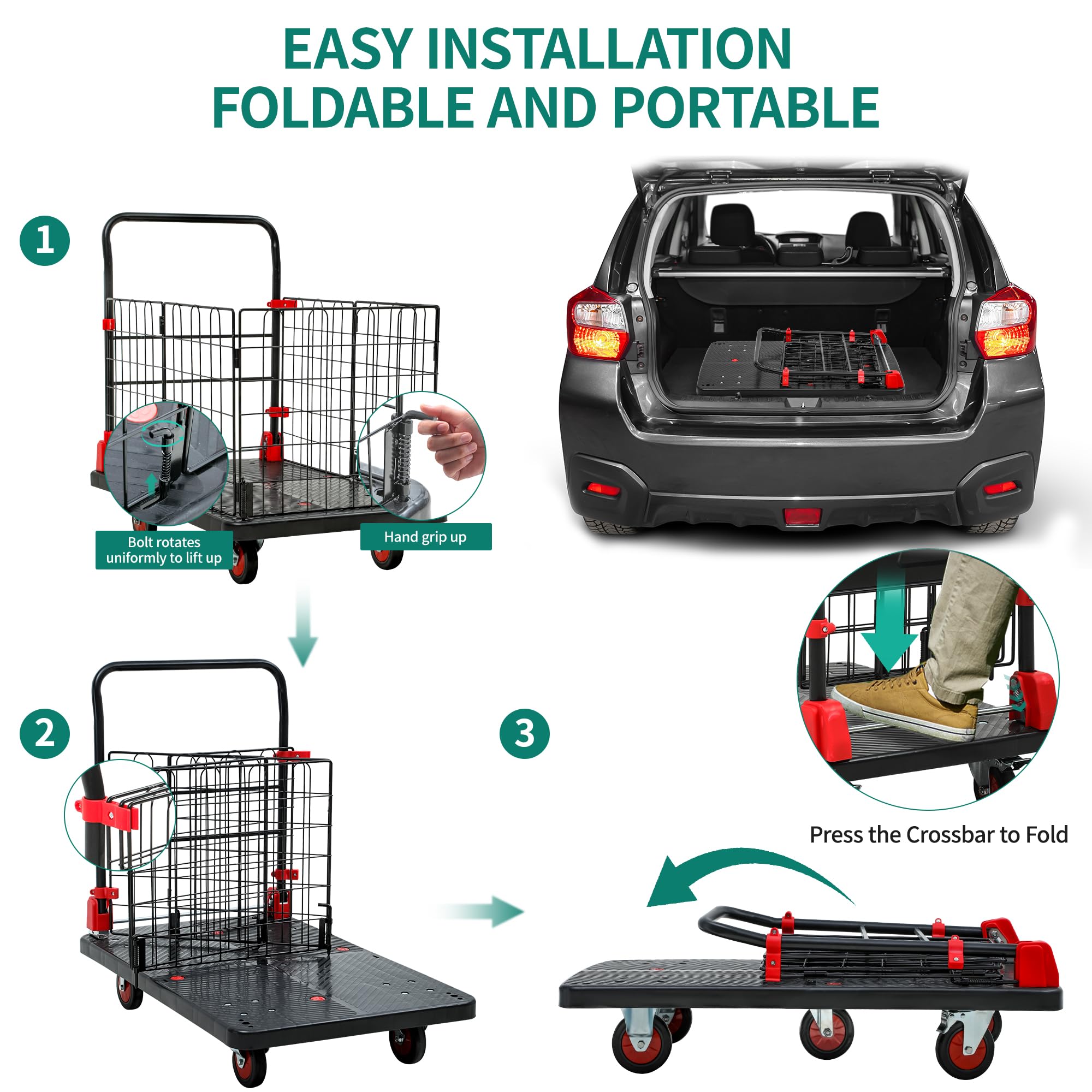 YITAHOME 42 x 26 Inch Heavy Duty Folding Platform Truck Cart with Cage - 1000LBS Capacity, Wheels & Foldable Basket - Perfect for Warehouse, Office, Home Moving & Luggage Transport