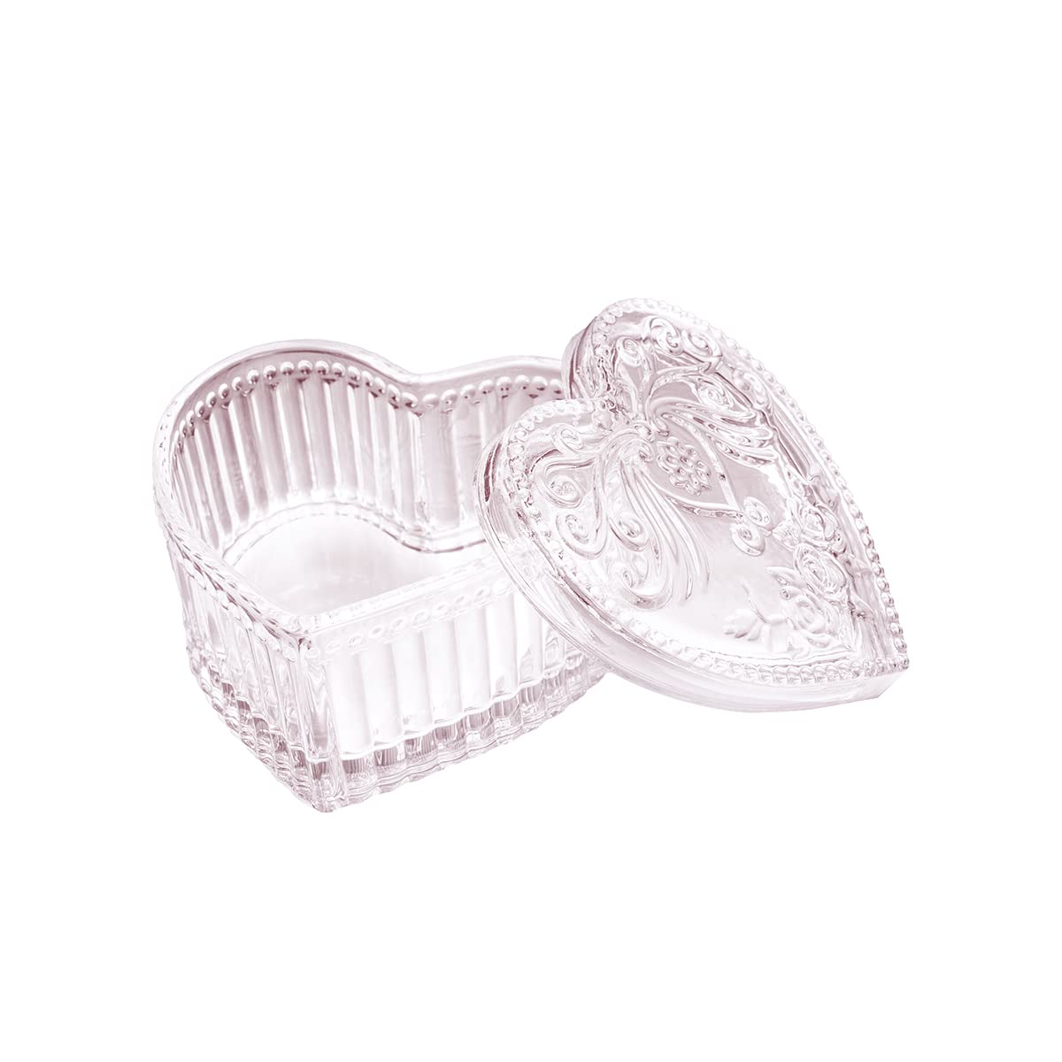 Zumllex Elegant Embossed Heart-Shaped Pink Crystal Glass Candy Box with Lid - Jewelry Storage Jar & Decorative Container for Weddings, Parties, Gift Wrapping