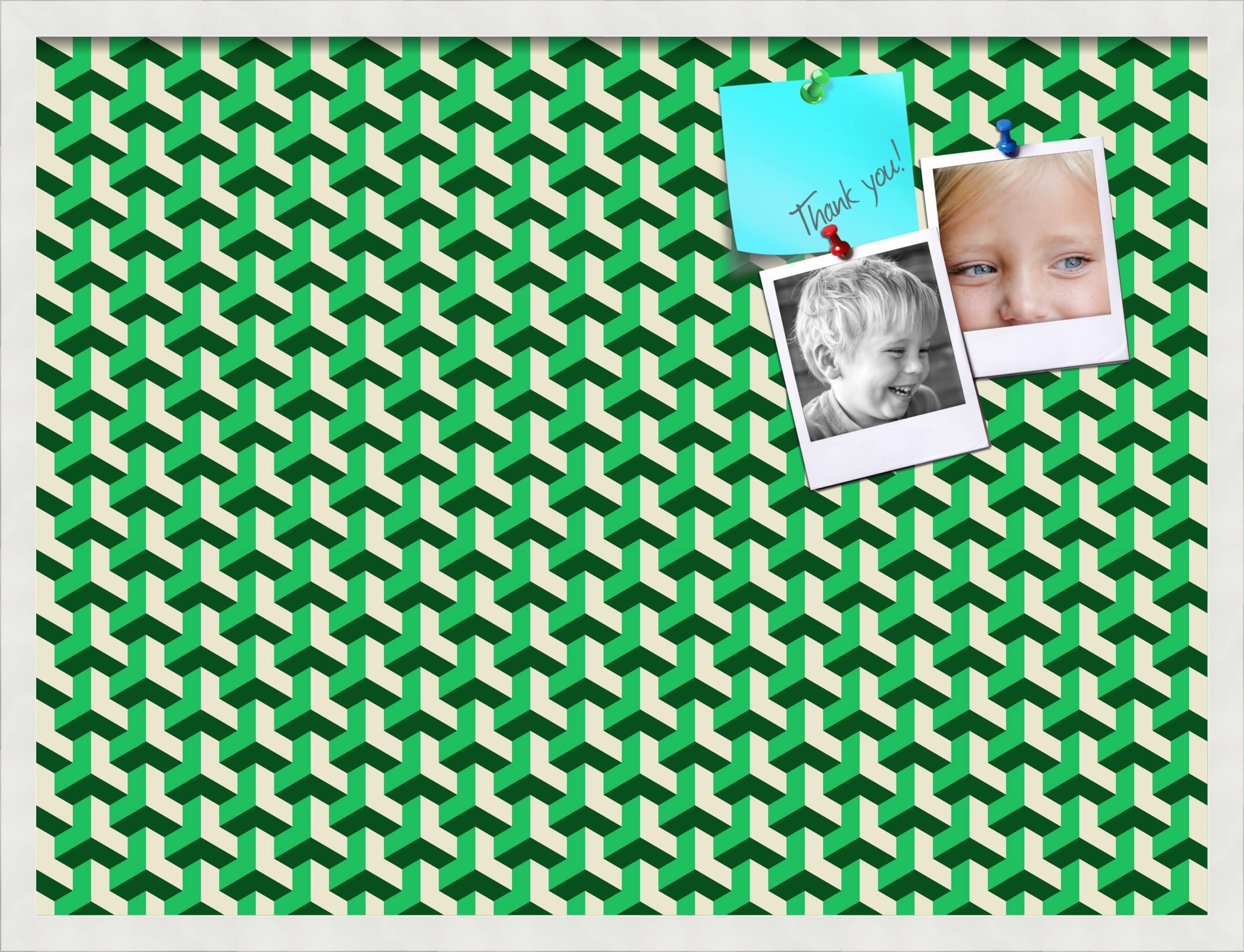 PinPix 32x24 Inch Cork Bulletin Board with BAUS Green Beige Design & Satin White Frame - Decorative Framed Pin Board for Home Office School Wall Organization - Perfect for Notes, Photos, Reminders & DIY Projects