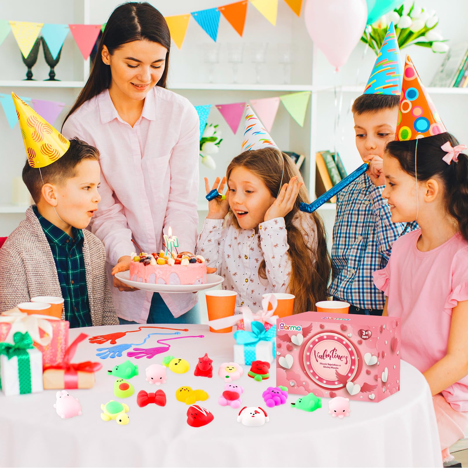 72Pcs Valentine's Day Gift Cards for Kids with Mochi Squishies & Sticky Hands - Cute Stress Relief Toys, Classroom Prizes, Party Favors for Boys & Girls | Perfect for Valentine's Exchange, Birthday Parties & School Rewards