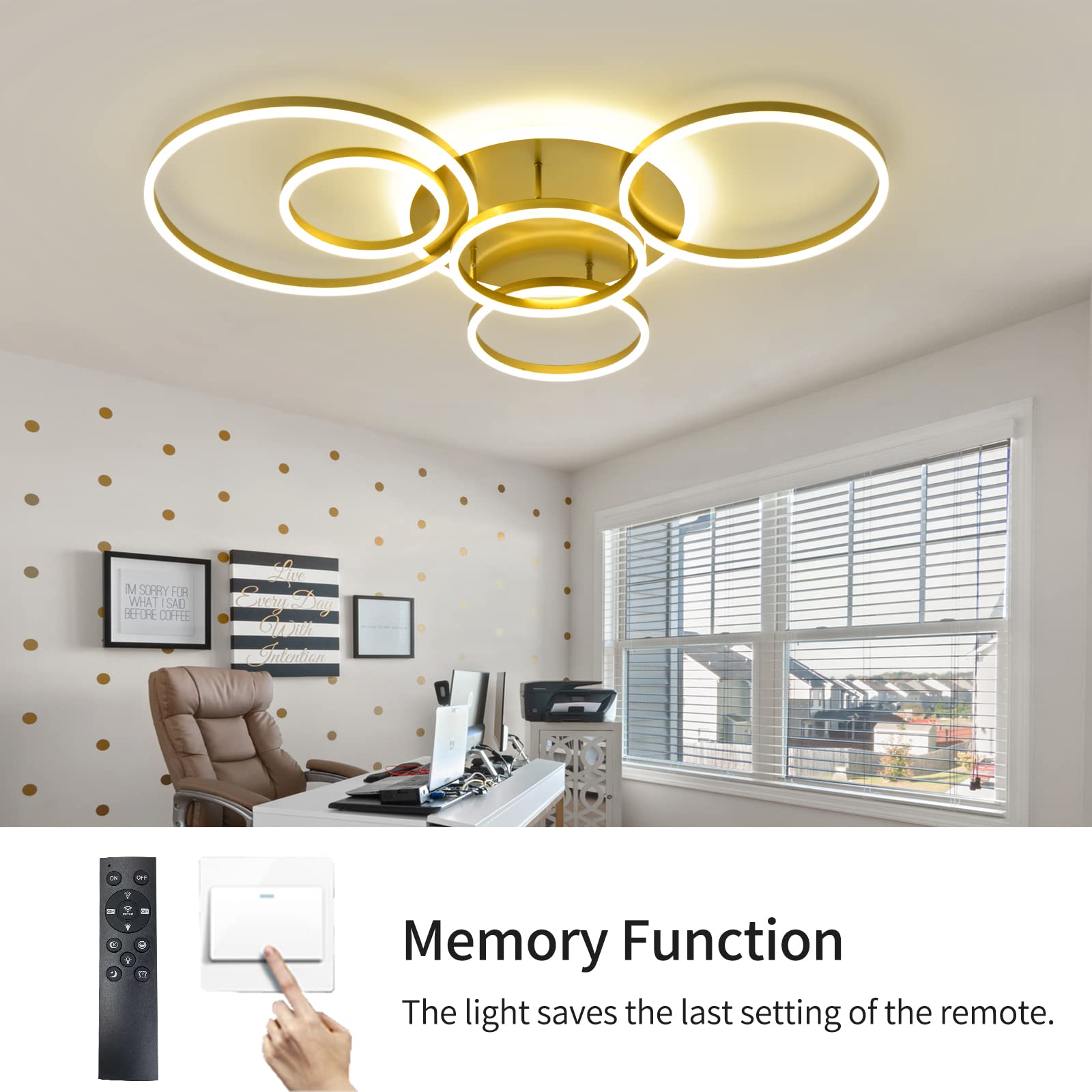 Modern LED Ceiling Light Fixture - 5 Ring Gold Flush Mount with Remote Control, 106W 10000LM Dimmable Lighting (3000-6000K) for Living Room, Bedroom, Kitchen & Dining Room | Energy-Efficient Home & Office Lighting Solution