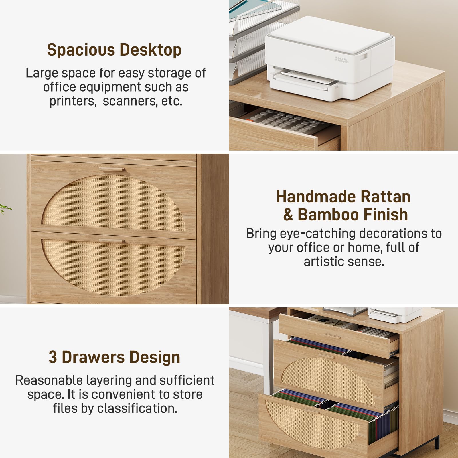 3-Drawer Eco Rattan File Cabinet for Home Office - Letter/Legal/A4 Storage & Printer Stand
