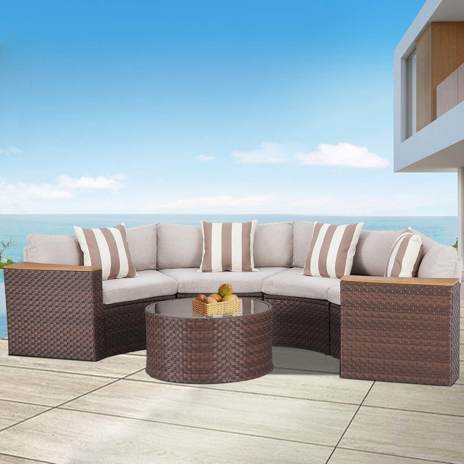 SUNCROWN 5-Piece Outdoor Round Patio Furniture Set - All-Weather Wicker Half Moon Sectional Sofa with Round Coffee Table & Thick Cushions (Light Brown) - Perfect for Garden, Backyard, Poolside & Outdoor Conversations