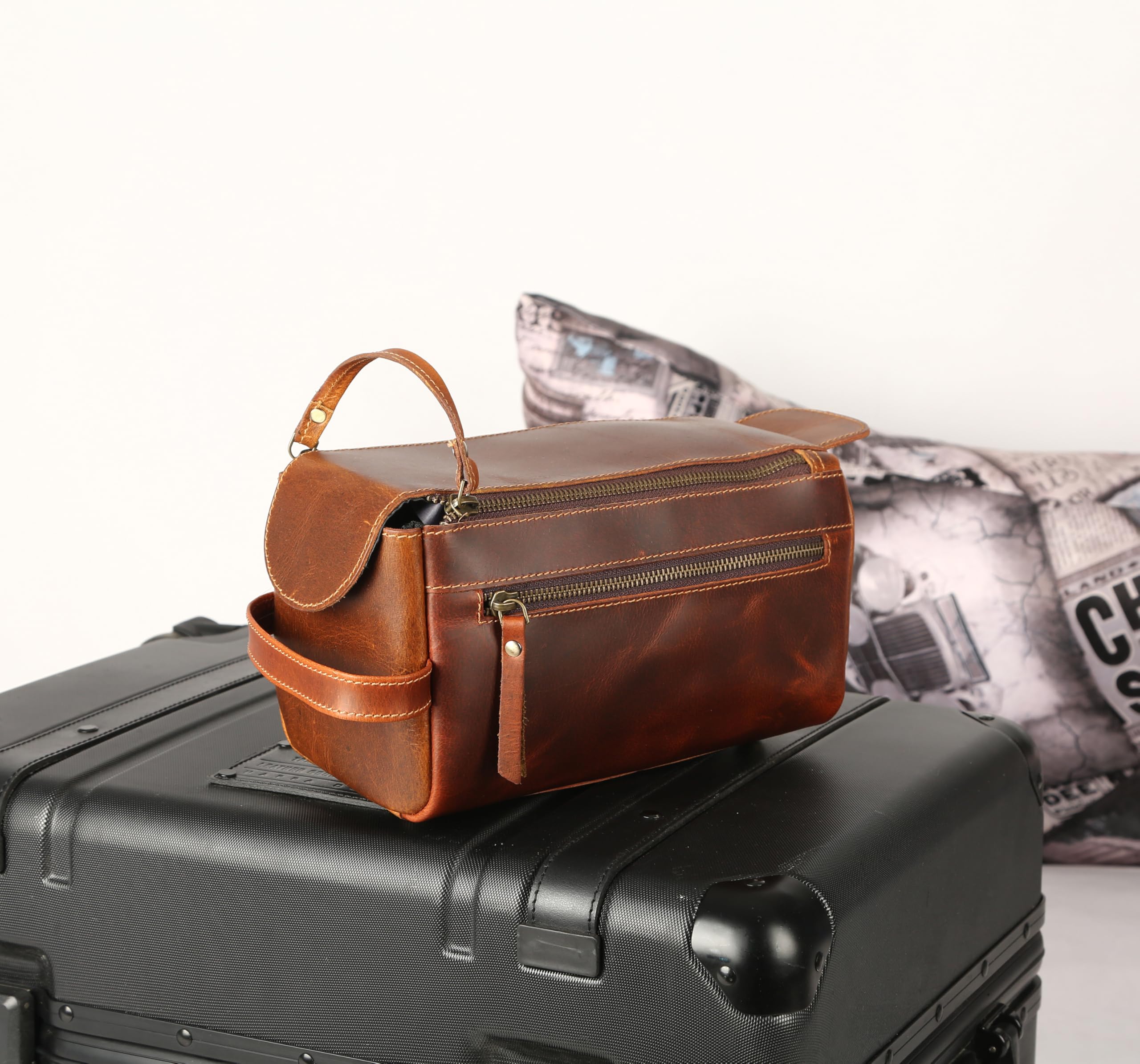 Premium Buffalo Leather Unisex Toiletry Bag - Travel Dopp Kit for Men & Women (Distressed Orange Tan) - Perfect for Camping, Gym & Business Trips