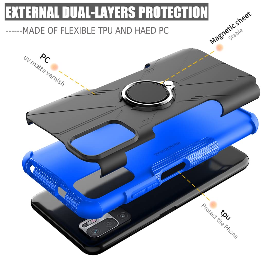 Shockproof Magnetic Kickstand Case for Redmi Note 10 5G/Poco M3 Pro/Redmi Note 10T 5G - Includes Tempered Glass Screen Protector | Perfect for Work, Travel & Everyday Protection (Blue)