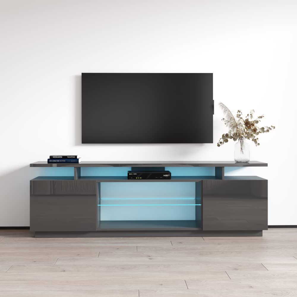 Modern Eva K TV Stand with Matte Glossy Finish - High Gloss Entertainment Center with Storage Cabinets & LED Lights - Media Console for TVs Up to 80