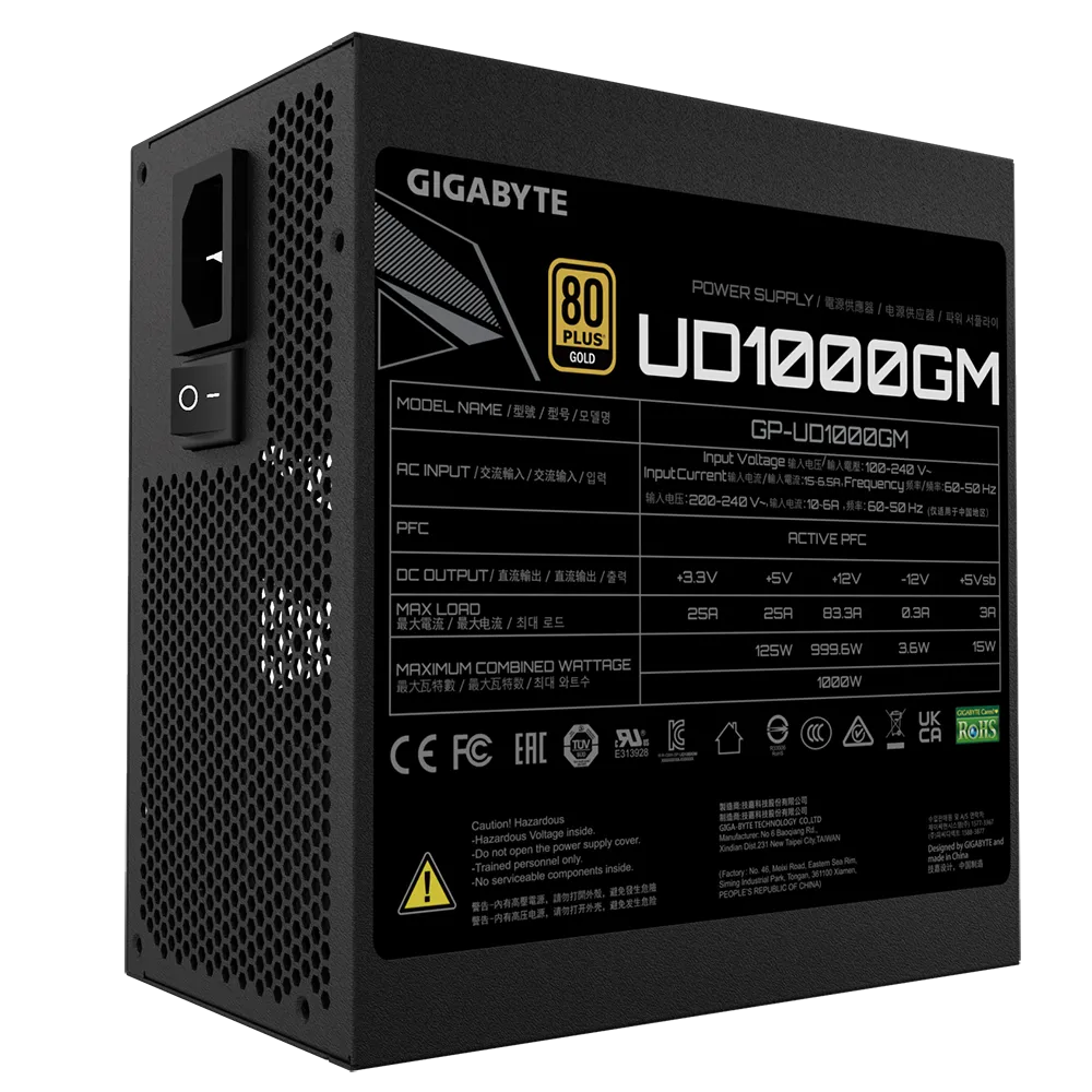 Gigabyte UD1000GM 1000W Fully Modular 80+ Gold ATX Power Supply - High Efficiency PSU for Gaming PC, Workstation & Crypto Mining Rigs