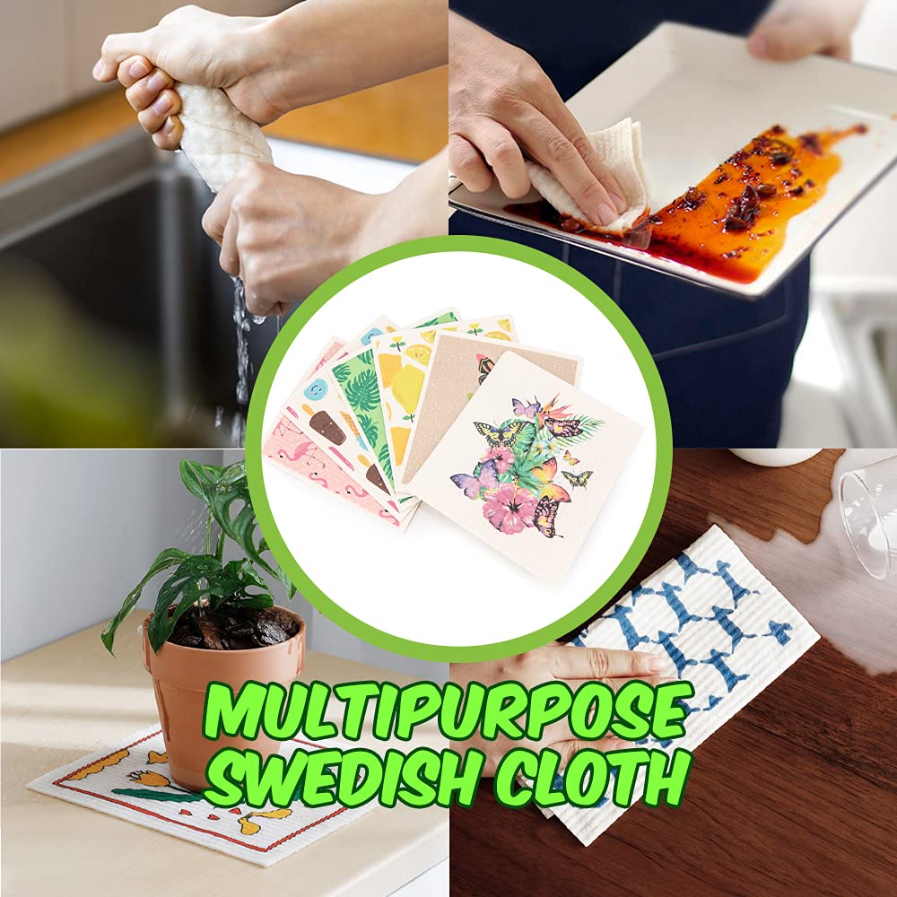 Reusable Swedish Dishcloths - 6 Pack Eco-Friendly Kitchen Sponges for Dishes & Cleaning (Swan) - Perfect for Daily Kitchen Use