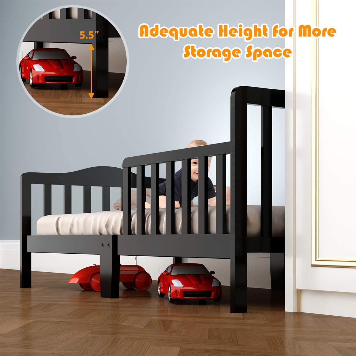 Costzon Toddler Wood Bed with Safety Rail - Low Floor Design for Boys & Girls - Perfect for Nursery & Kids' Room