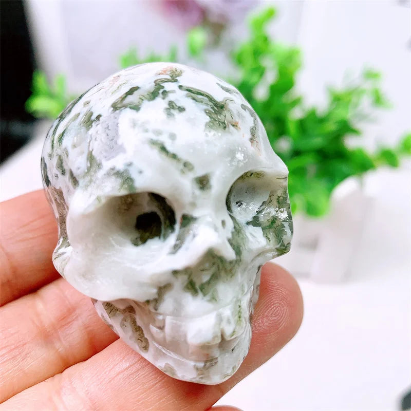 Natural Moss Agate Skull Carving - 2in Mini Crystal Stone Statue Figurine for Home Decor, Halloween Decoration & Witchcraft Gift - Perfect for Altar Display, Meditation Space & Gothic Decor