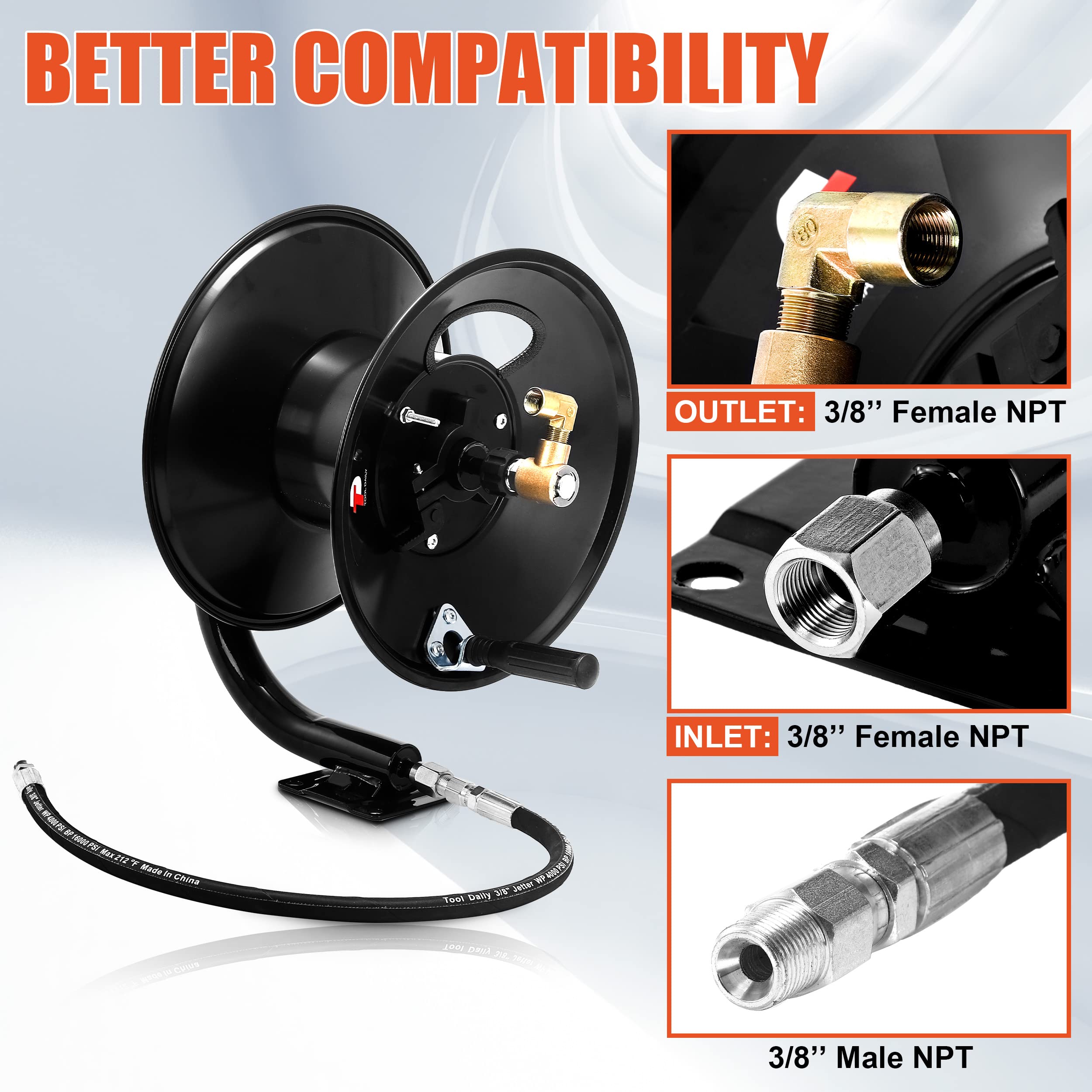 Heavy Duty Pressure Washer Hose Reel with Swivel - 50ft Commercial Grade Washing Machine Hose for Car, Driveway & Deck Cleaning - Durable Outdoor Water Hose Storage Solution