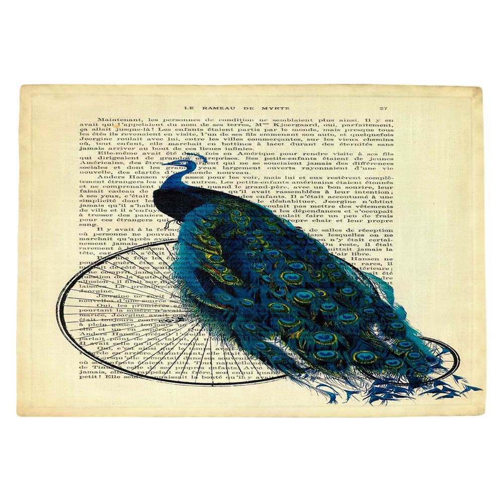 Premium USA-Made DiaNoche Kitchen Place Mats by Madame Memento - Elegant Peacock & Bicycle Design - Waterproof & Heat-Resistant Dining Table Decor for Everyday Meals & Special Occasions