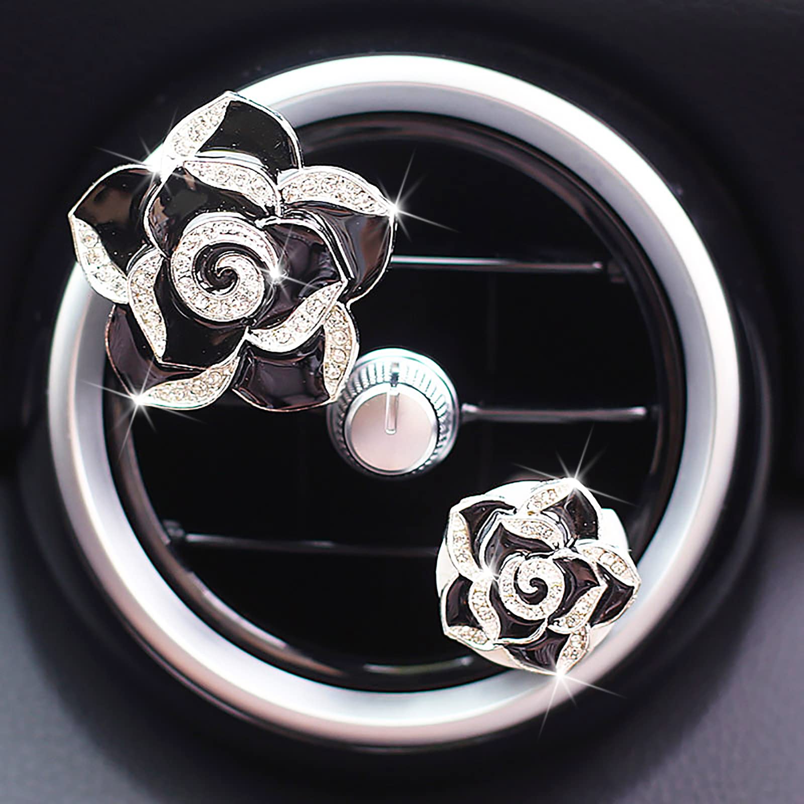 2 Pcs Camellia Air Vent Clips - Cute Flower Car Air Freshener with Bling Crystal Rose | Car Diffuser Vent Clip Charm for Women & Girls | Perfect for Sedans, SUVs and Office Desks