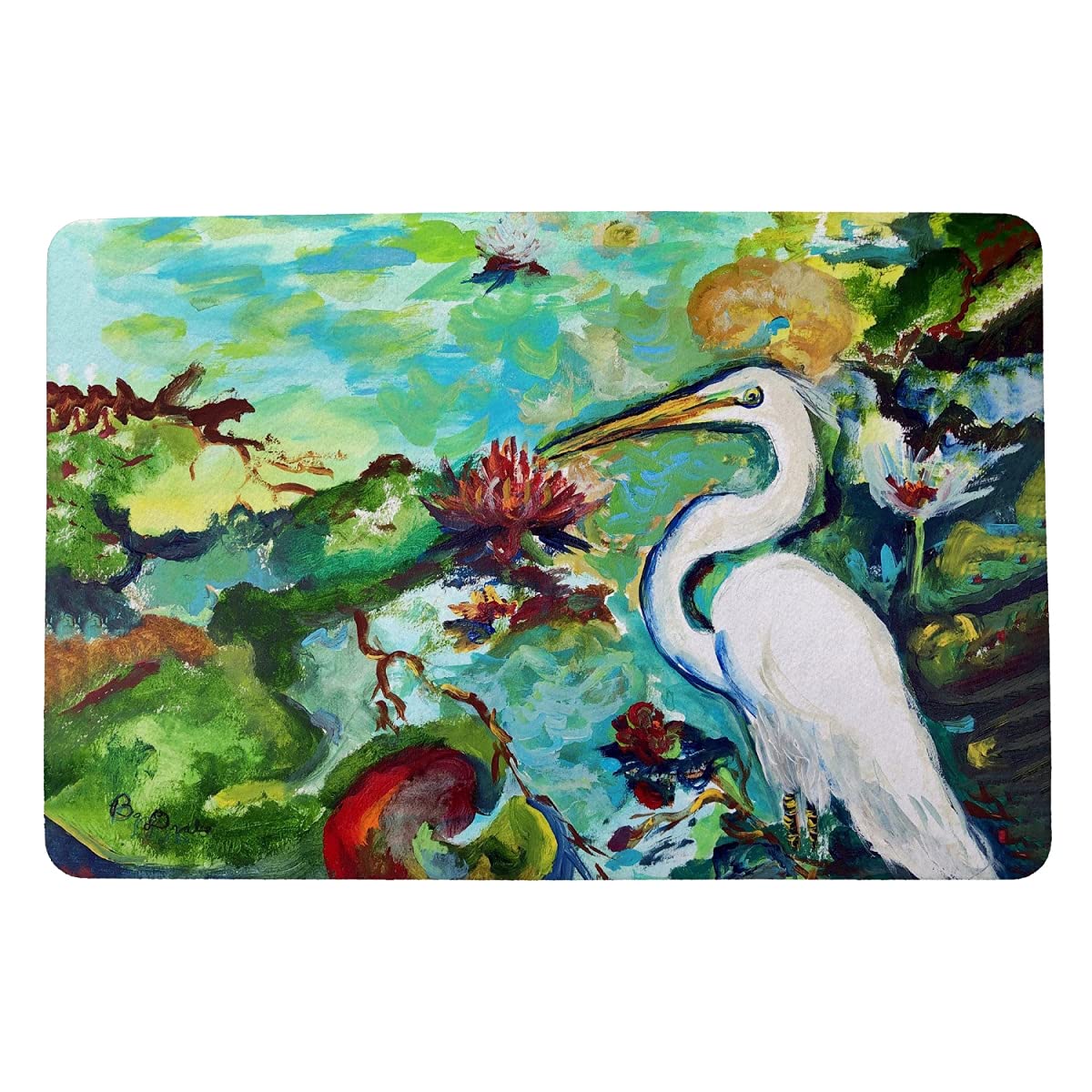 Betsy Drake Egret and Waterlilies Non-Slip Doormat - Small Indoor/Outdoor Welcome Mat for Entryway, Porch, Patio - Waterproof & Durable Floor Mat for Home Decor