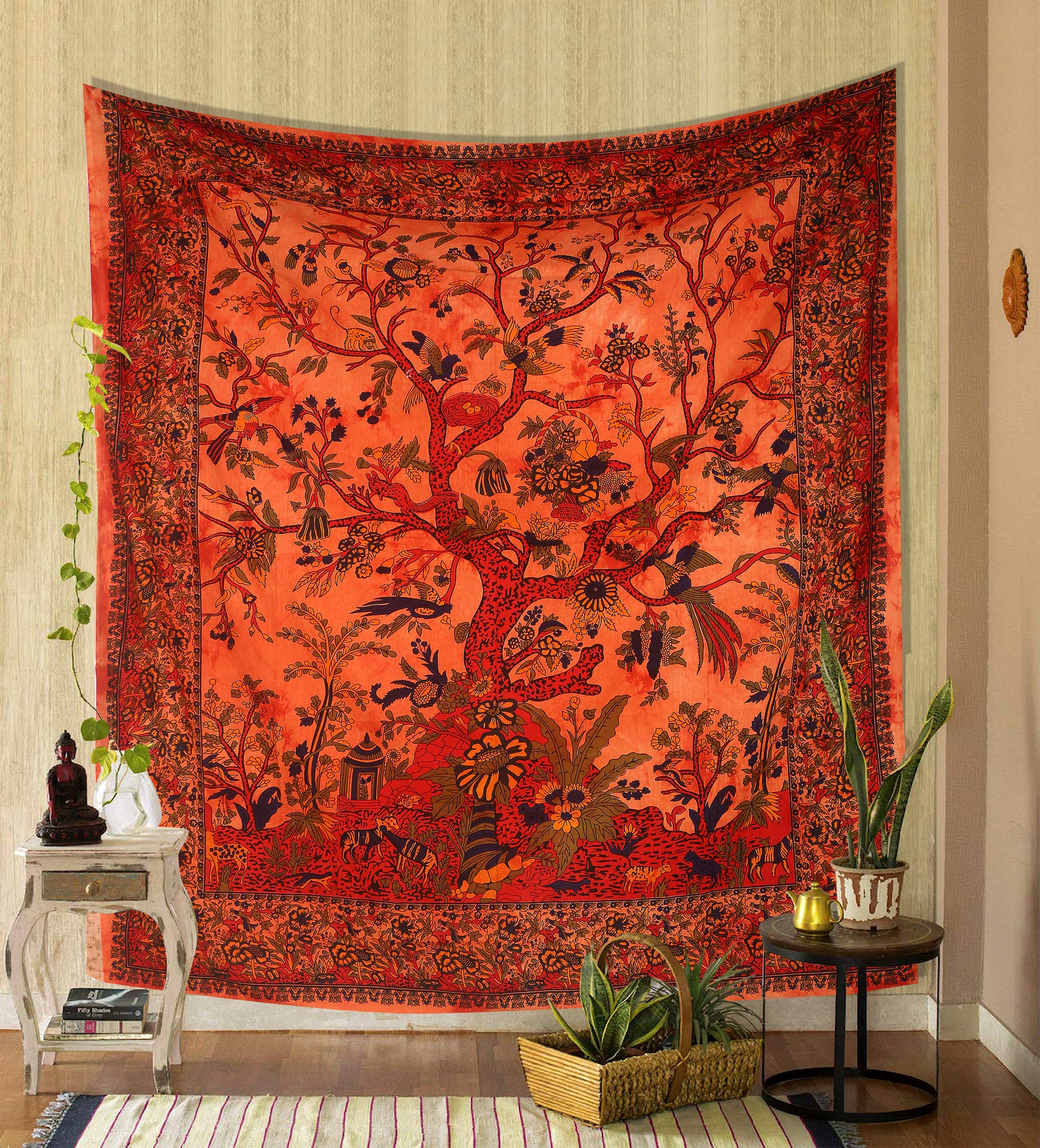 Orange Tree of Life Tapestry - Psychedelic Wall Hanging & Bedspread for Hippie Décor (82x54