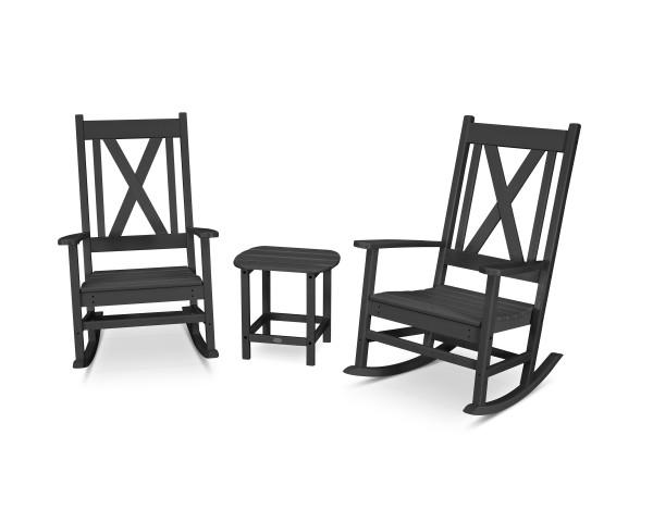 Polywood Black Braxton 3-Piece Porch Rocking Chair Set - Durable Outdoor Furniture for Patio, Deck & Garden - All-Weather Resin Wicker Rockers with Cushions