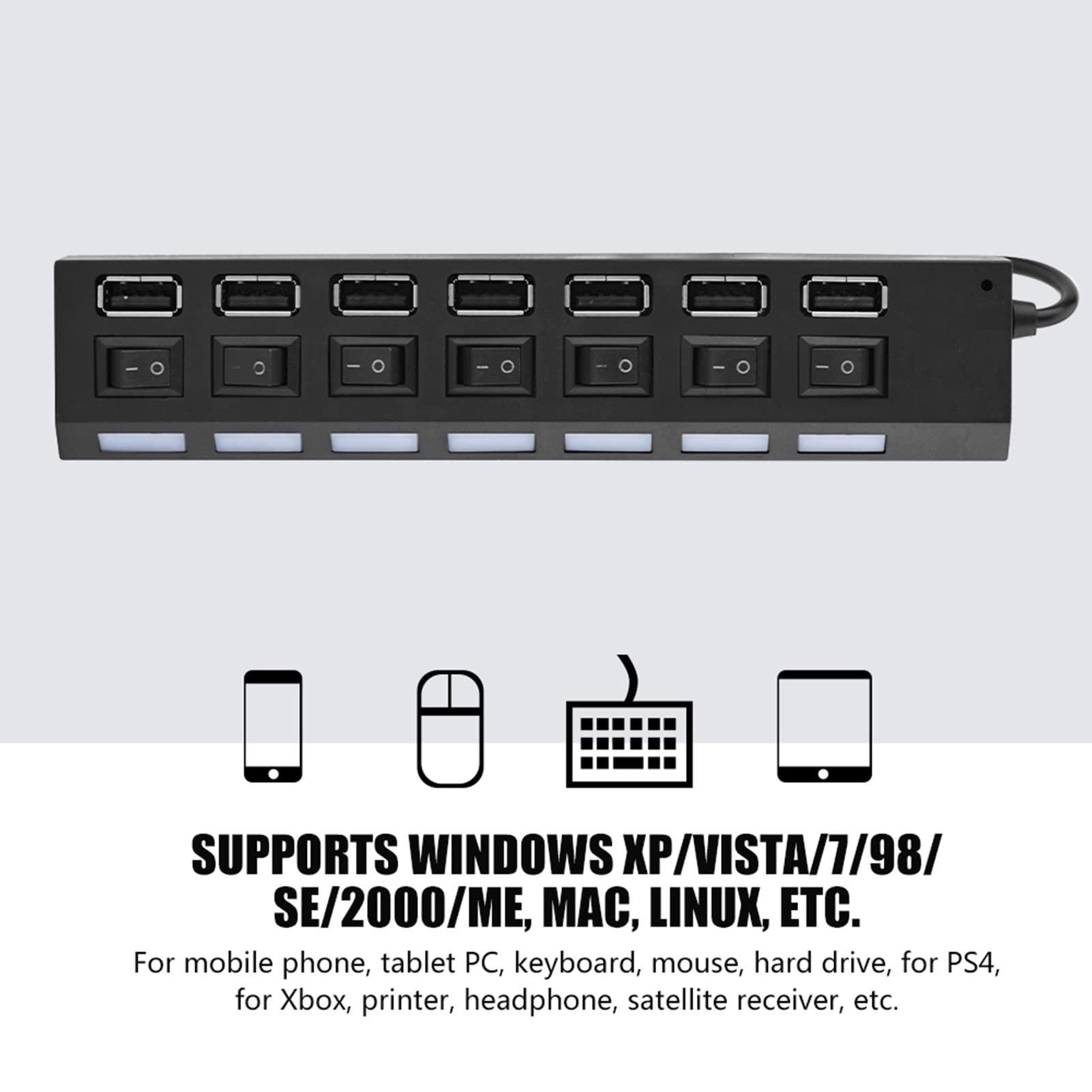 Beufee 7-Port USB 2.0 Hub with 3ft Cable - High-Speed Data Transfer USB Splitter for Laptop, PC, Mac - Perfect for Home Office, Gaming Setup & Multi-Device Charging Station