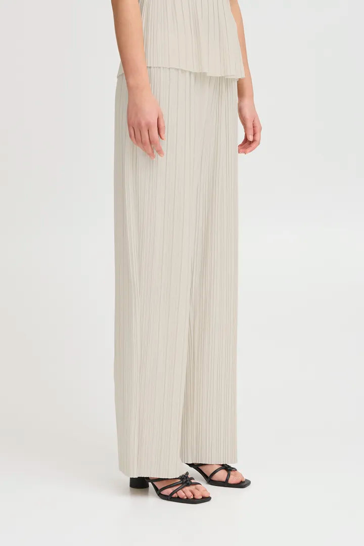 Ana Wide Leg Plisse Pants for Women - High Waisted Flowy Lounge Pants in Almond Milk Color - Perfect for Yoga, Travel & Casual Wear