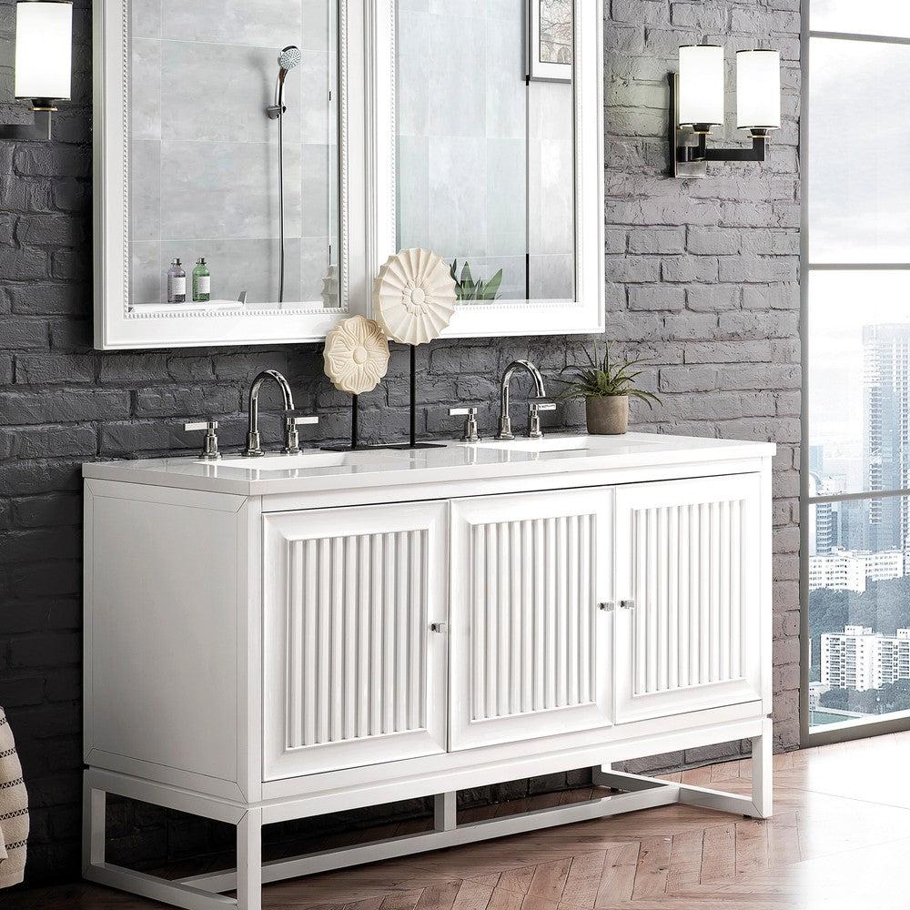 James Martin Vanities Athens Collection 60-Inch Double Bathroom Vanity in Glossy White with Solid Surface Countertop - Modern Bathroom Furniture for Master Bath & Guest Bath Remodeling