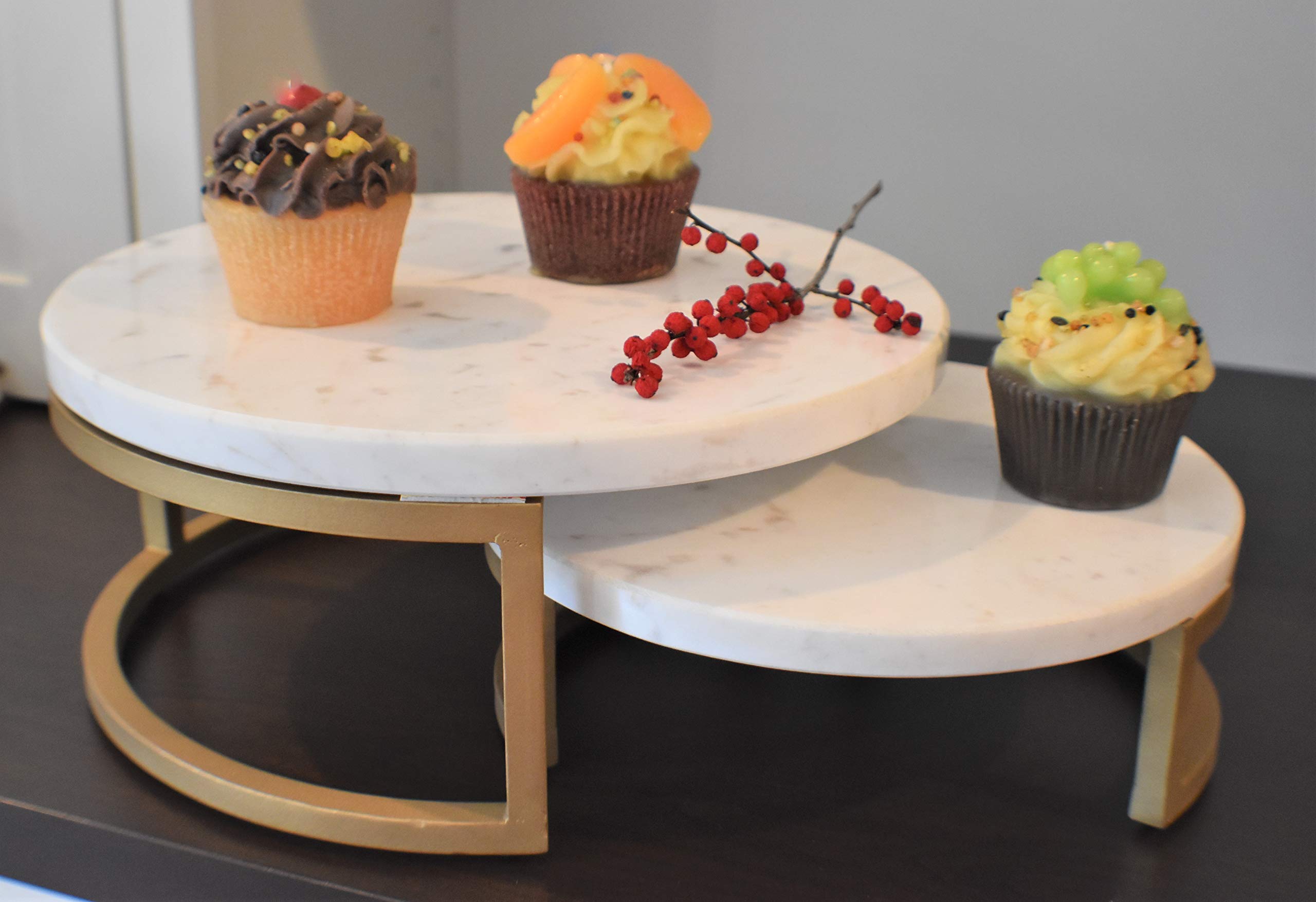 Premium Two-Tier Marble Cake Stand with Gold Base - Elegant Dessert Display for Macarons, Cupcakes, Pastries - Perfect for Weddings, Tea Parties, and Restaurant Décor - Nature’s Decorations Nesting Marble Dessert Stand (2 Layer)