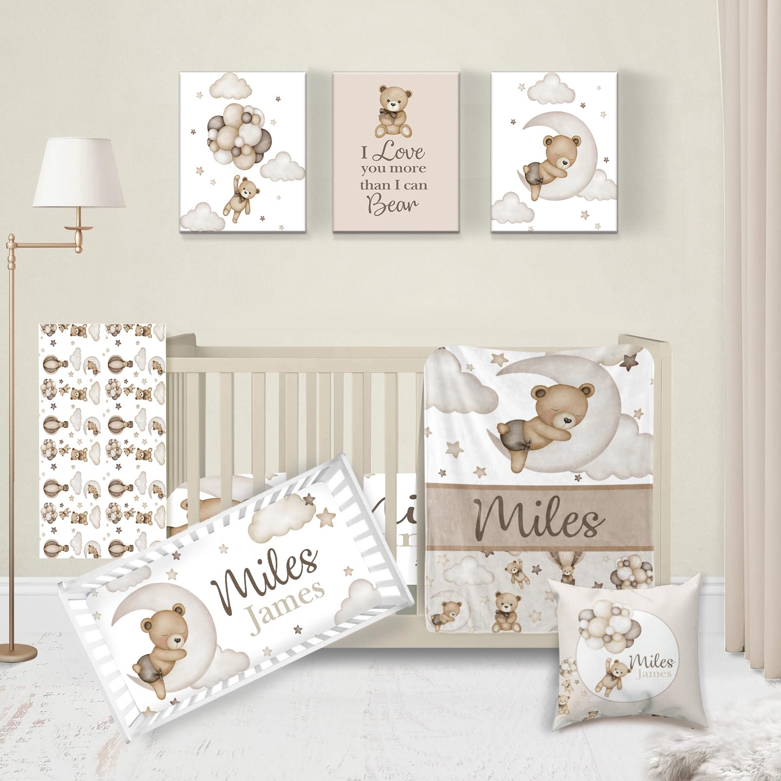 KAINSY Personalized Baby Crib Bedding Set for Boys - Custom Brown Moon Bear Nursery Set with Name, 5-Piece Infant Crib Bedding, Soft & Safe Baby Room Decor - Perfect for Newborn Gifts, Baby Showers, and Nursery Theming